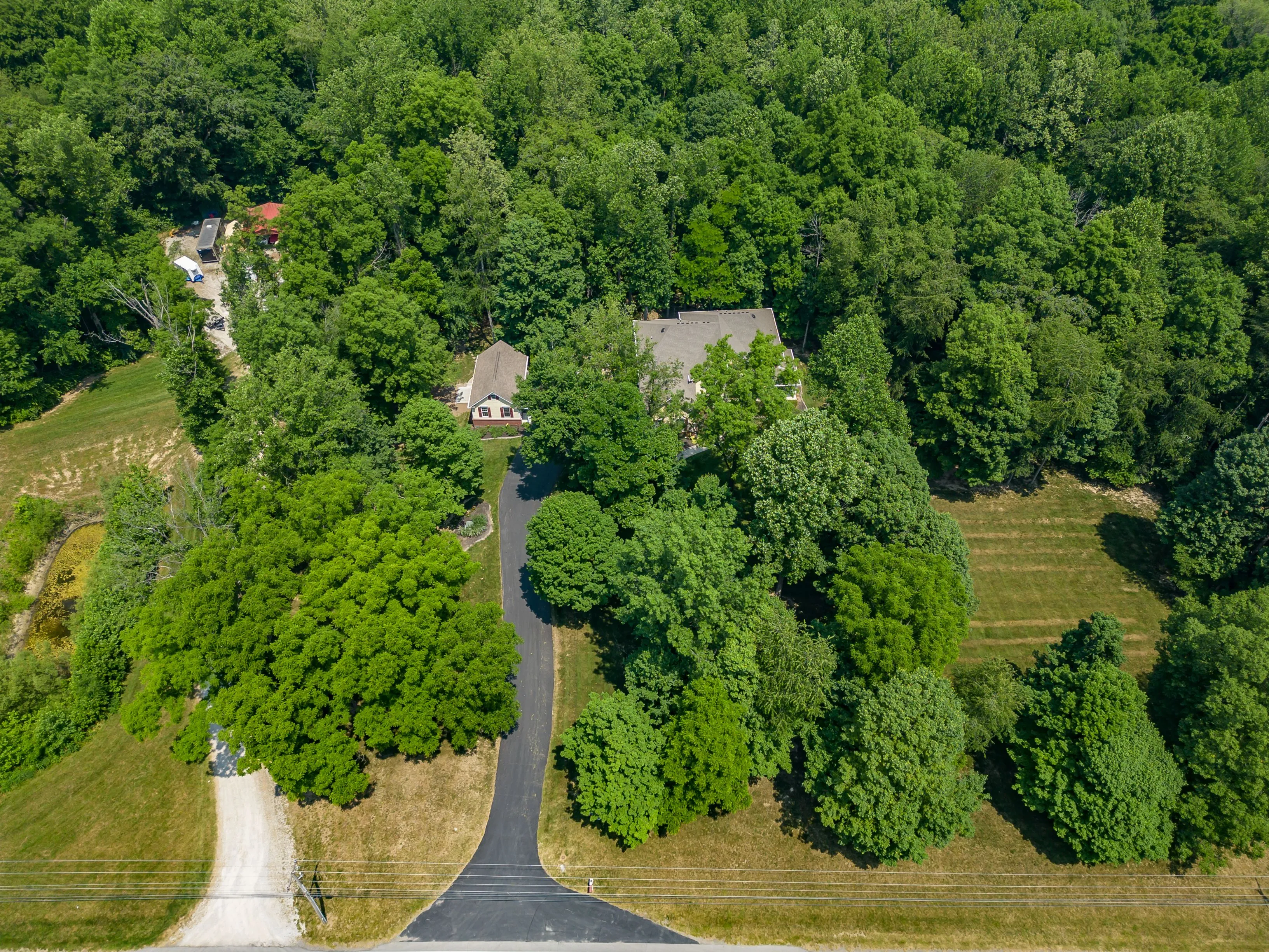 Aerial view of a winding road leading to a house surrounded by dense green trees.