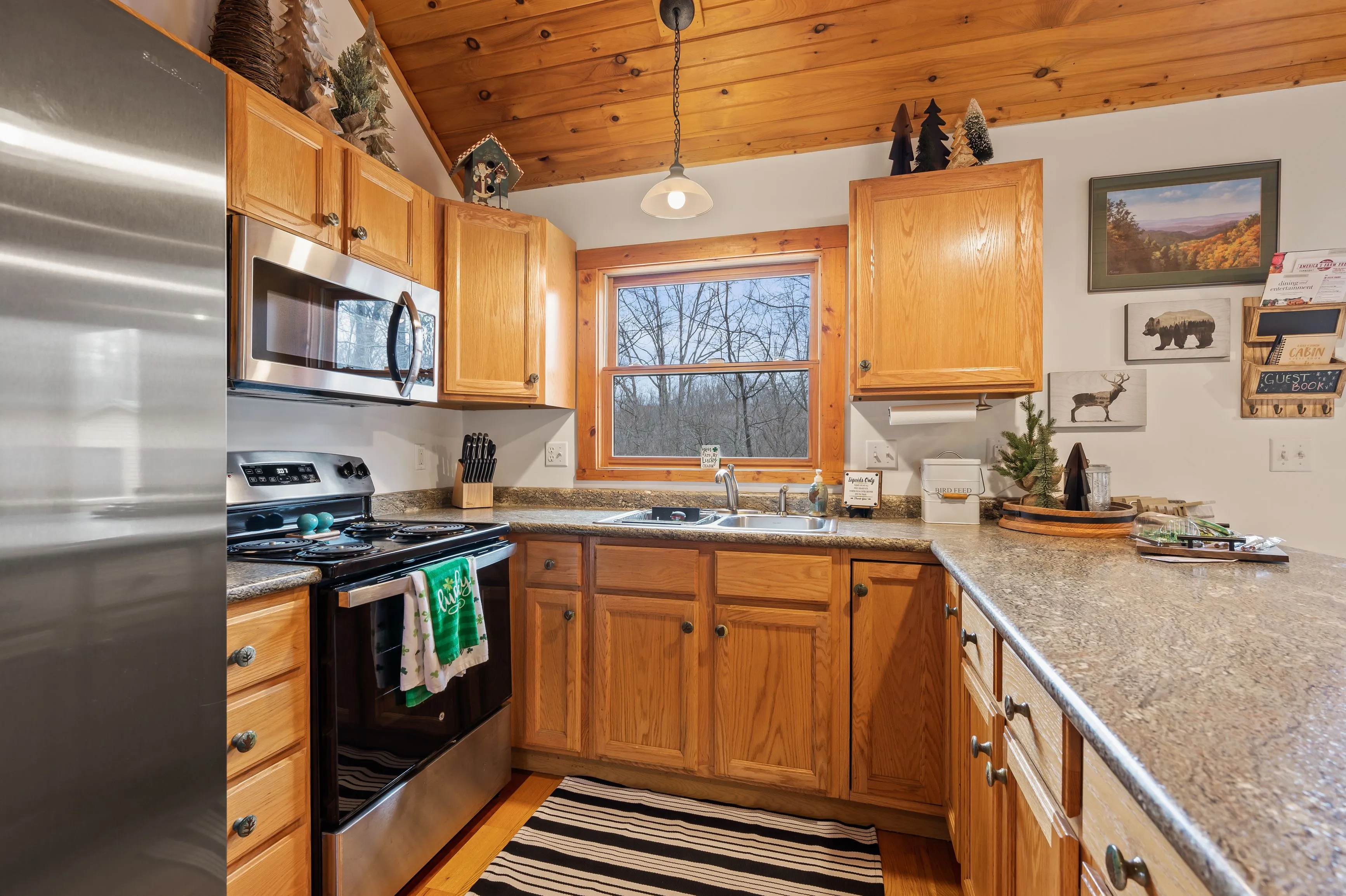 Cozy kitchen interior with wooden cabinets, stainless steel appliances, and a window overlooking trees.