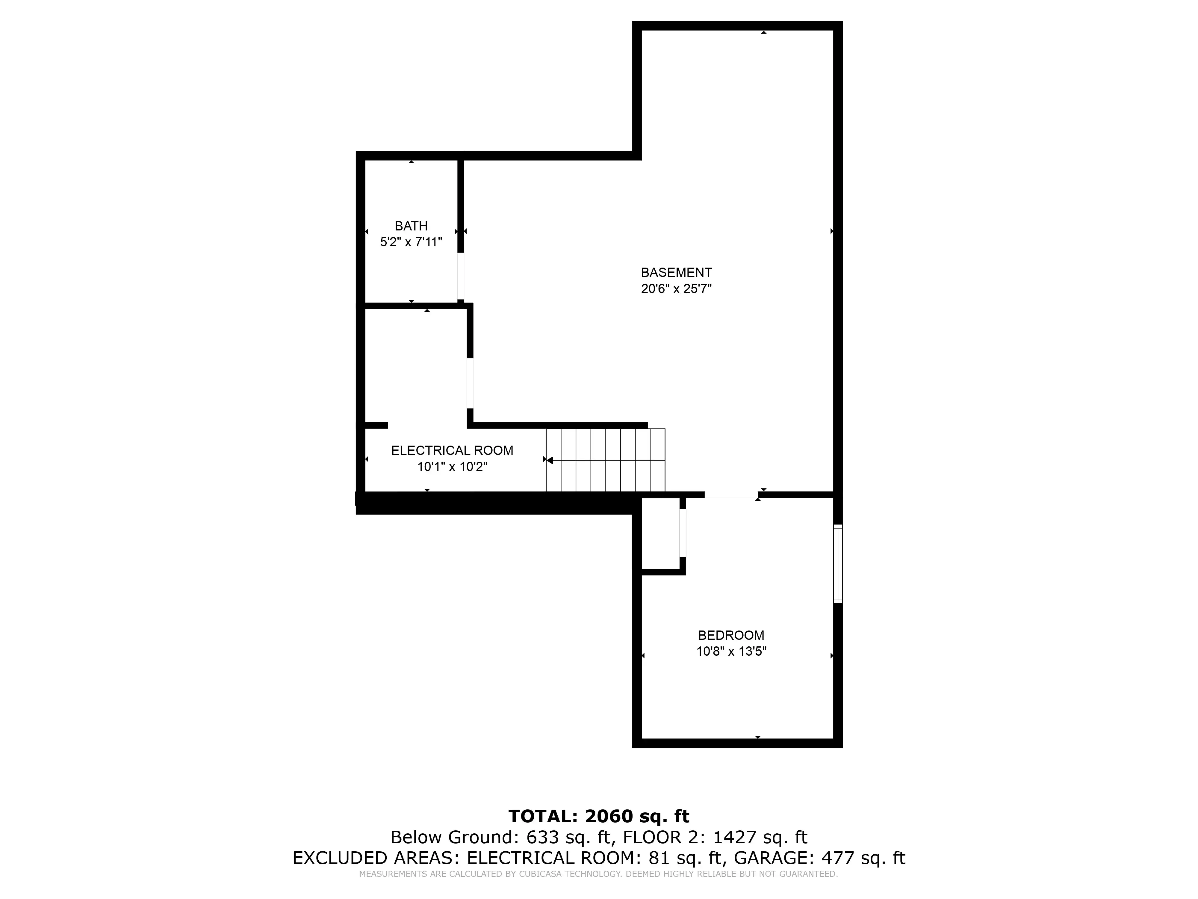 Black and white floor plan showing layout of a basement with a bedroom, bathroom, and electrical room including dimensions and total square footage.