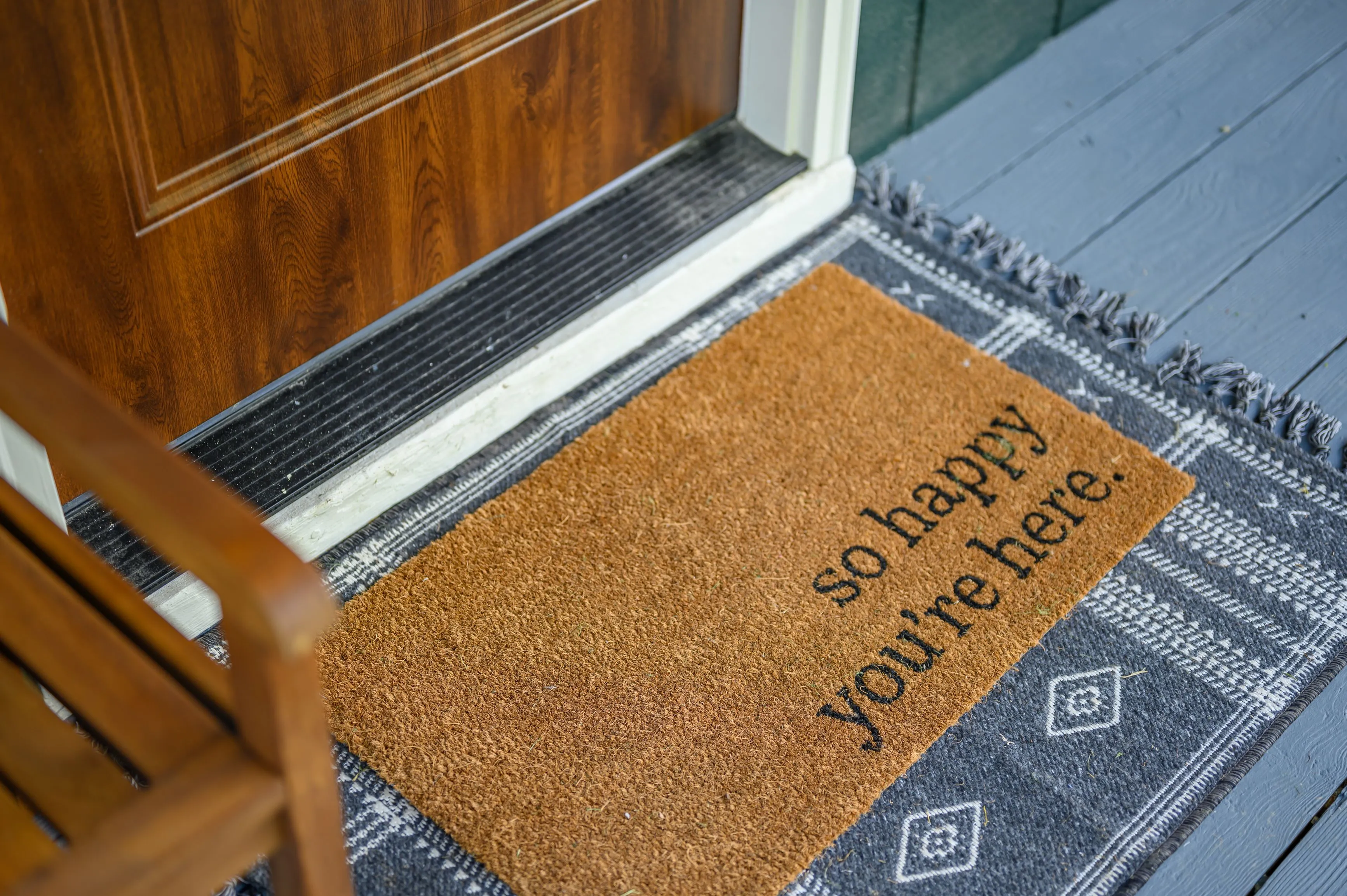 A welcoming doormat on a porch with the text "so happy you're here" layered over a patterned rug in front of a wood door.