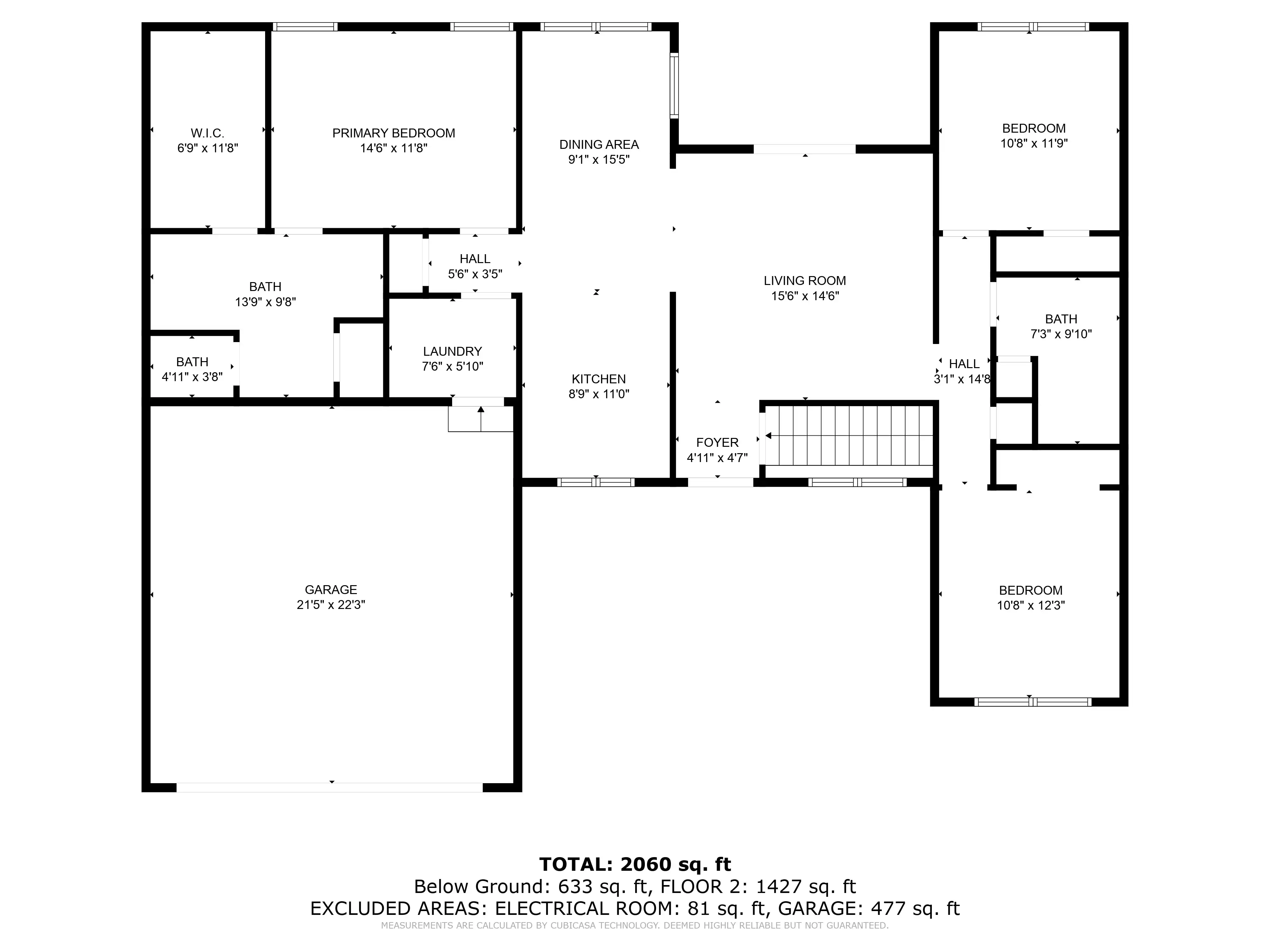 Floor plan of a multi-room residence displaying dimensions for various rooms including bedrooms, bathrooms, kitchen, living and dining areas, foyer, laundry, and garage. Total area is 2,060 square feet with additional specifications on the excluded areas.