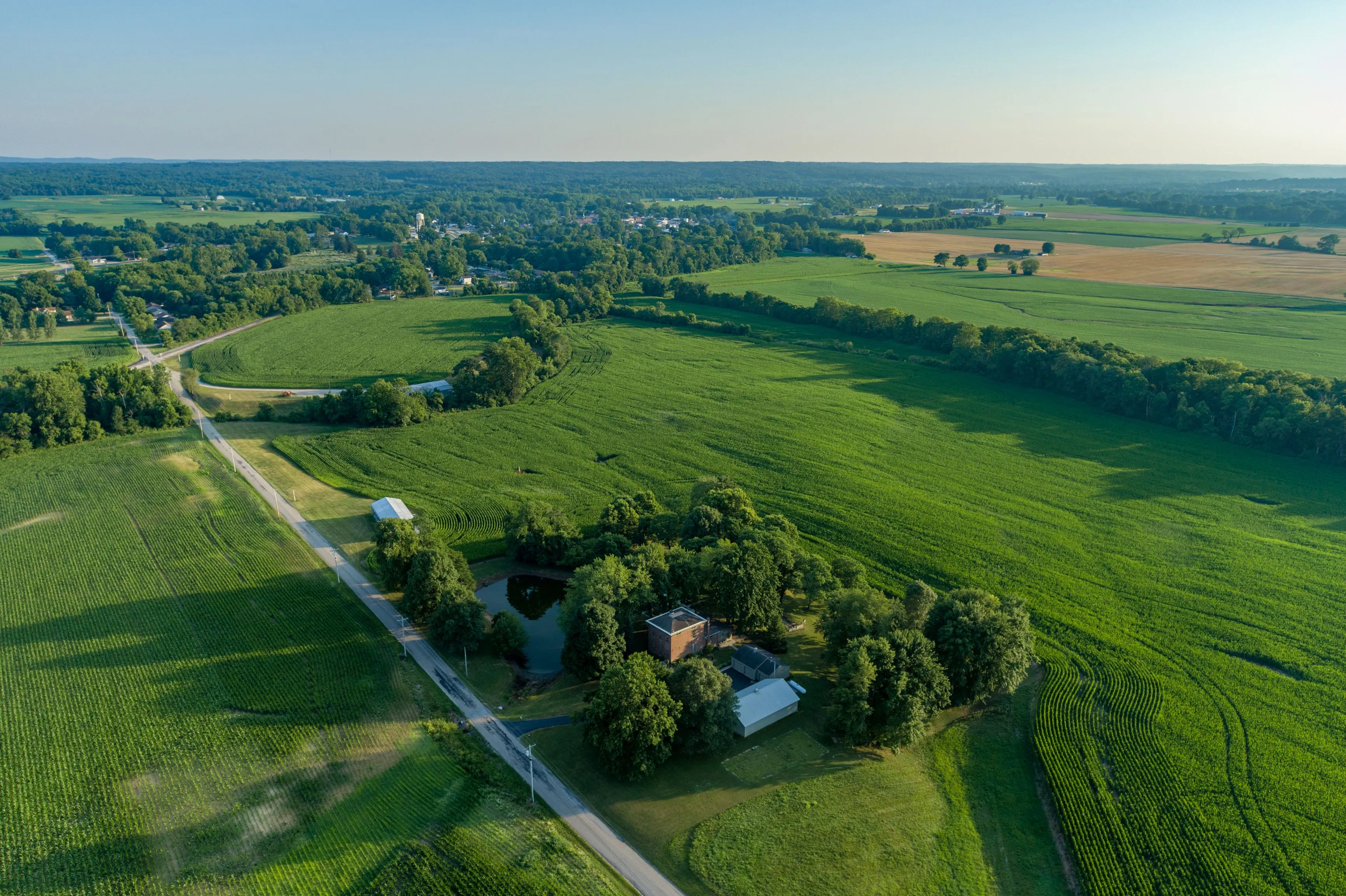 Aerial view of lush green farmland with crop fields, a pond, roads, and surrounding trees during early evening sunlight.