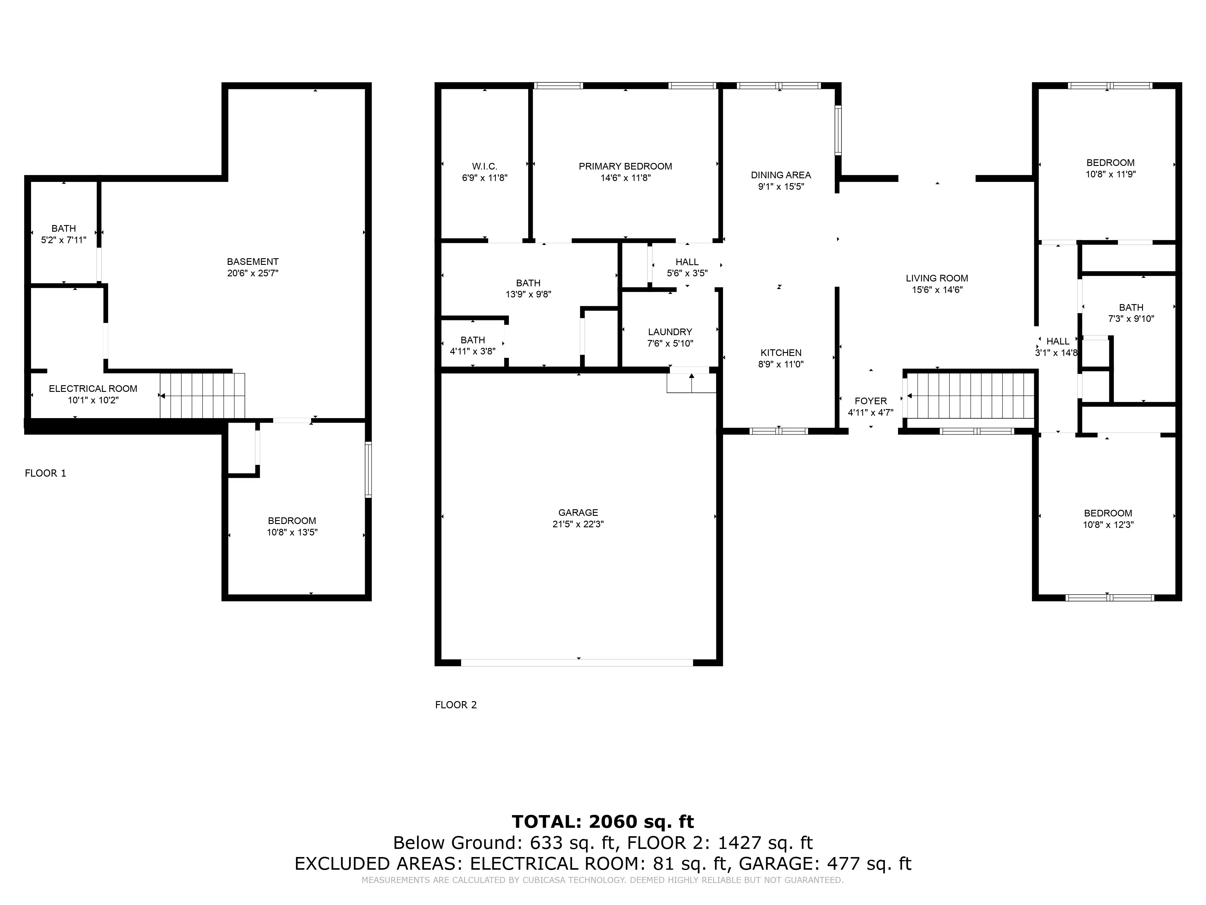 Architectural floor plan of a two-story house totaling 2,060 square feet, indicating room dimensions and layout, including bedrooms, bathrooms, kitchen, living areas, garage, and basement.