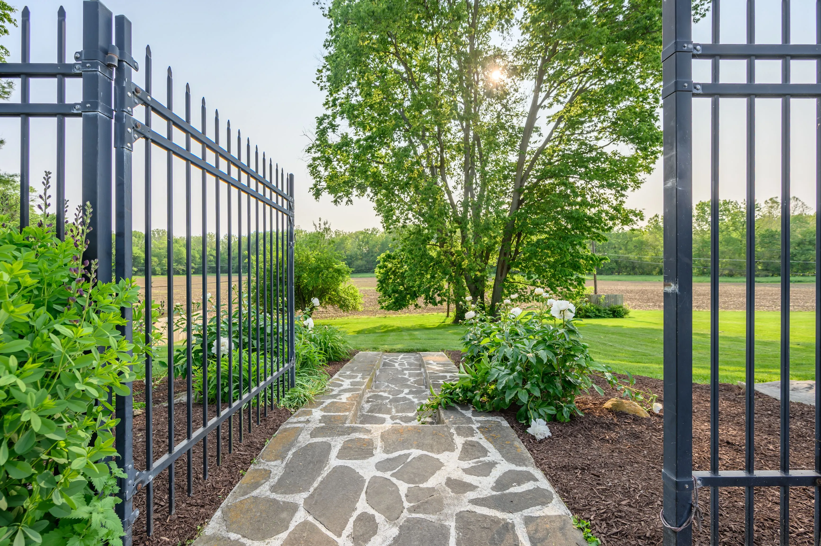 Open wrought iron gate leading to a stone pathway and lush garden with a large tree and green lawn in the background.