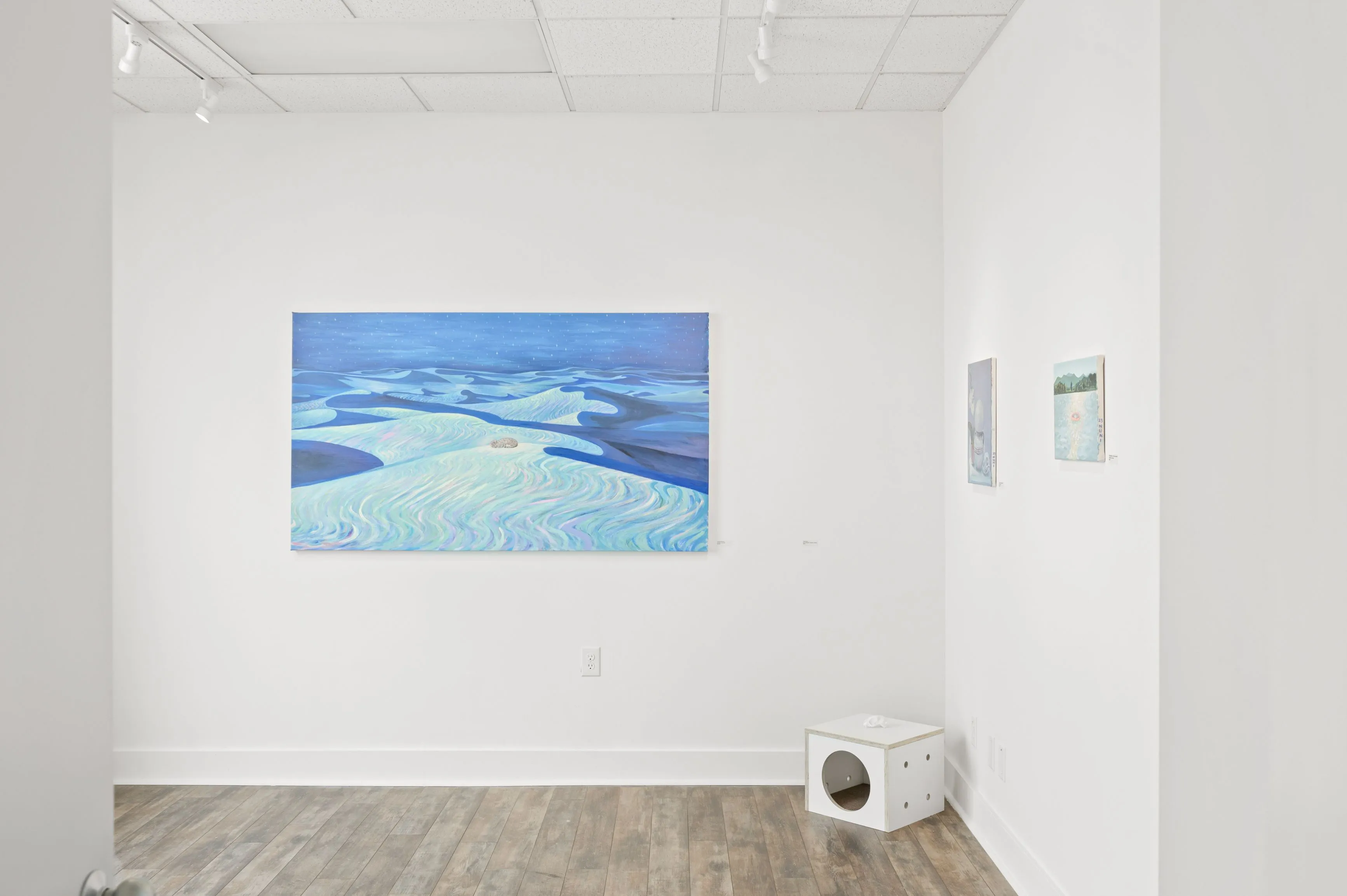 Art gallery interior with a large photograph of an ocean view hanging on a white wall, wooden flooring, and small information placards to the right.
