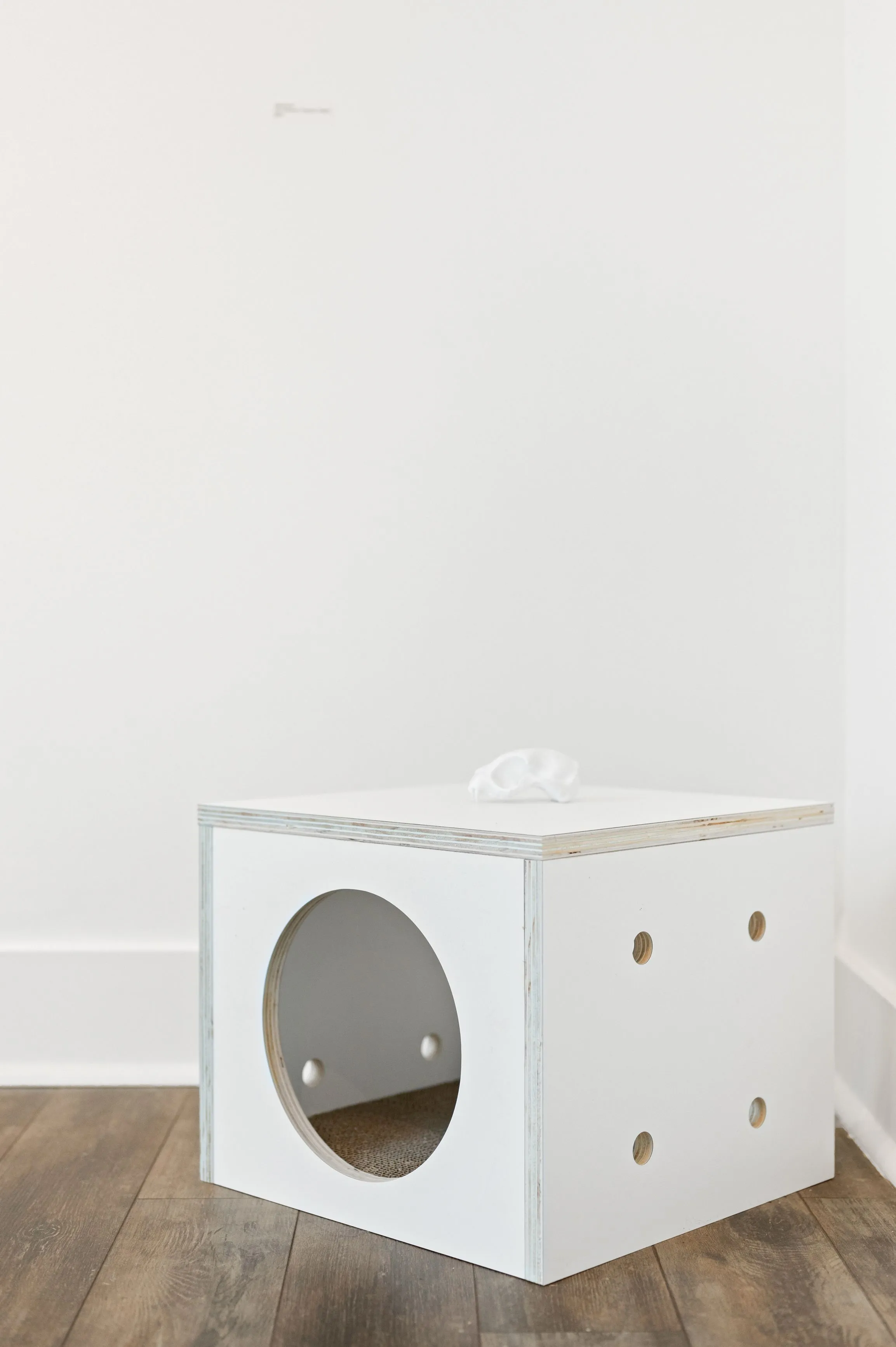 White modern cat house with a round entrance, against a white wall on a wooden floor.