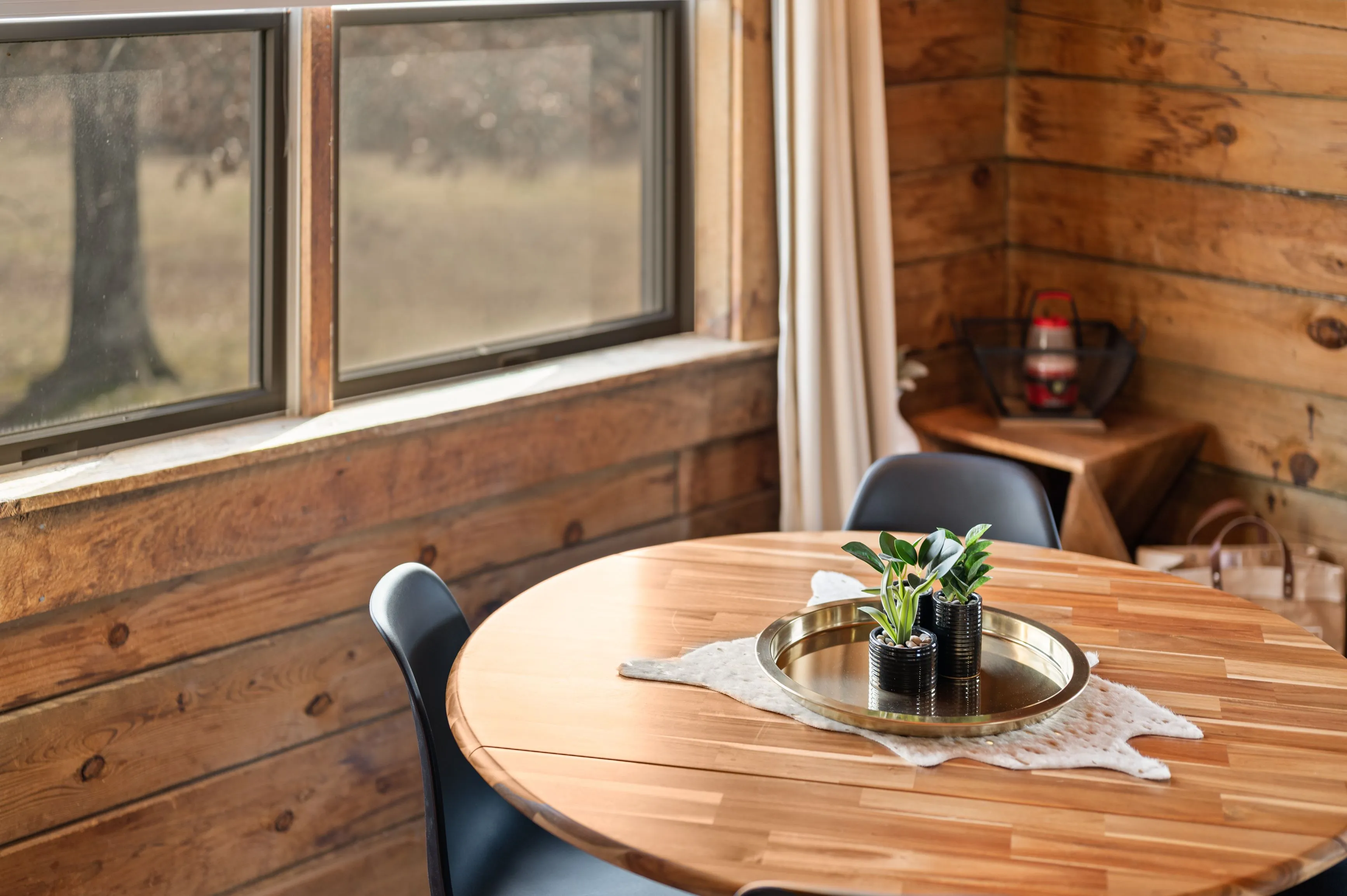 Cozy wooden interior of a cabin with a round dining table and a chair, a plant centerpiece, and a window view to the outdoors.
