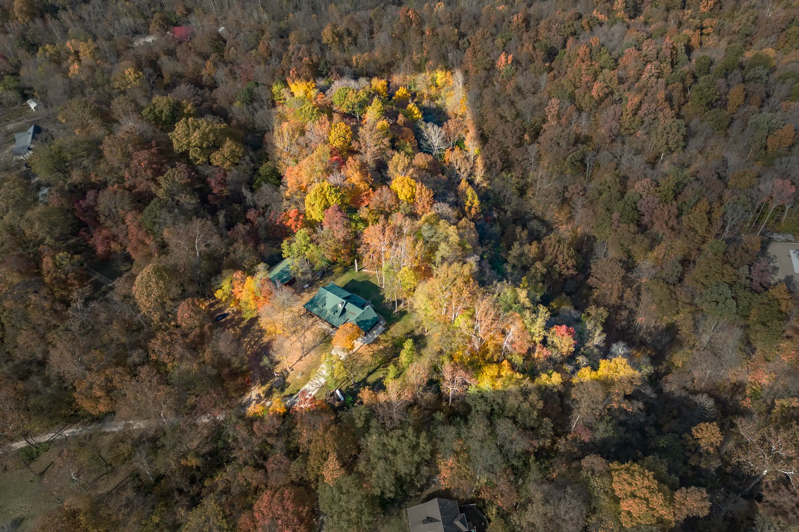 Aerial view of a house surrounded by a dense forest in autumn colors.