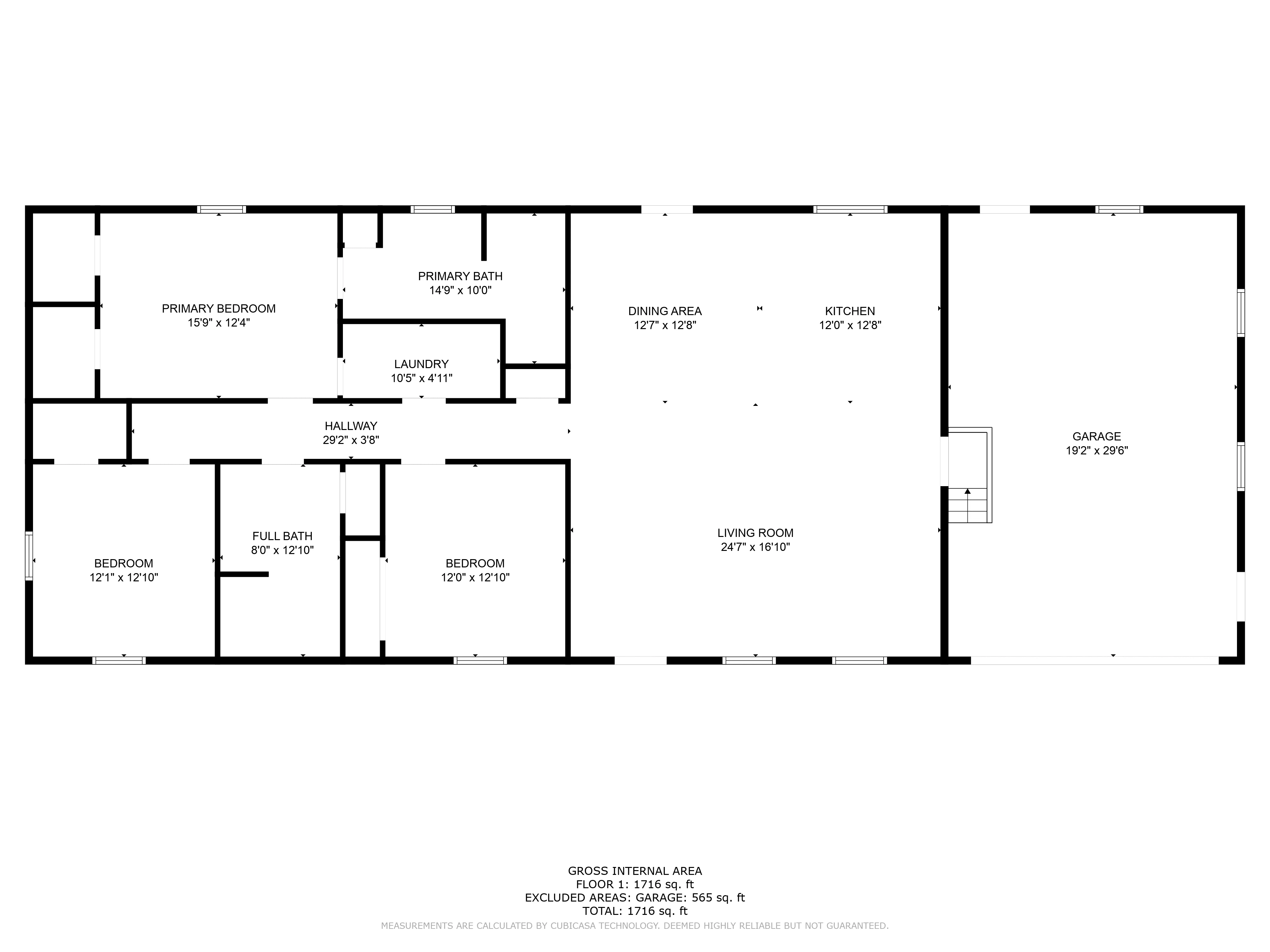 Floor plan of a residential property featuring labeled rooms with dimensions, including three bedrooms, two bathrooms, living room, kitchen, dining area, laundry, hallway, and attached garage.