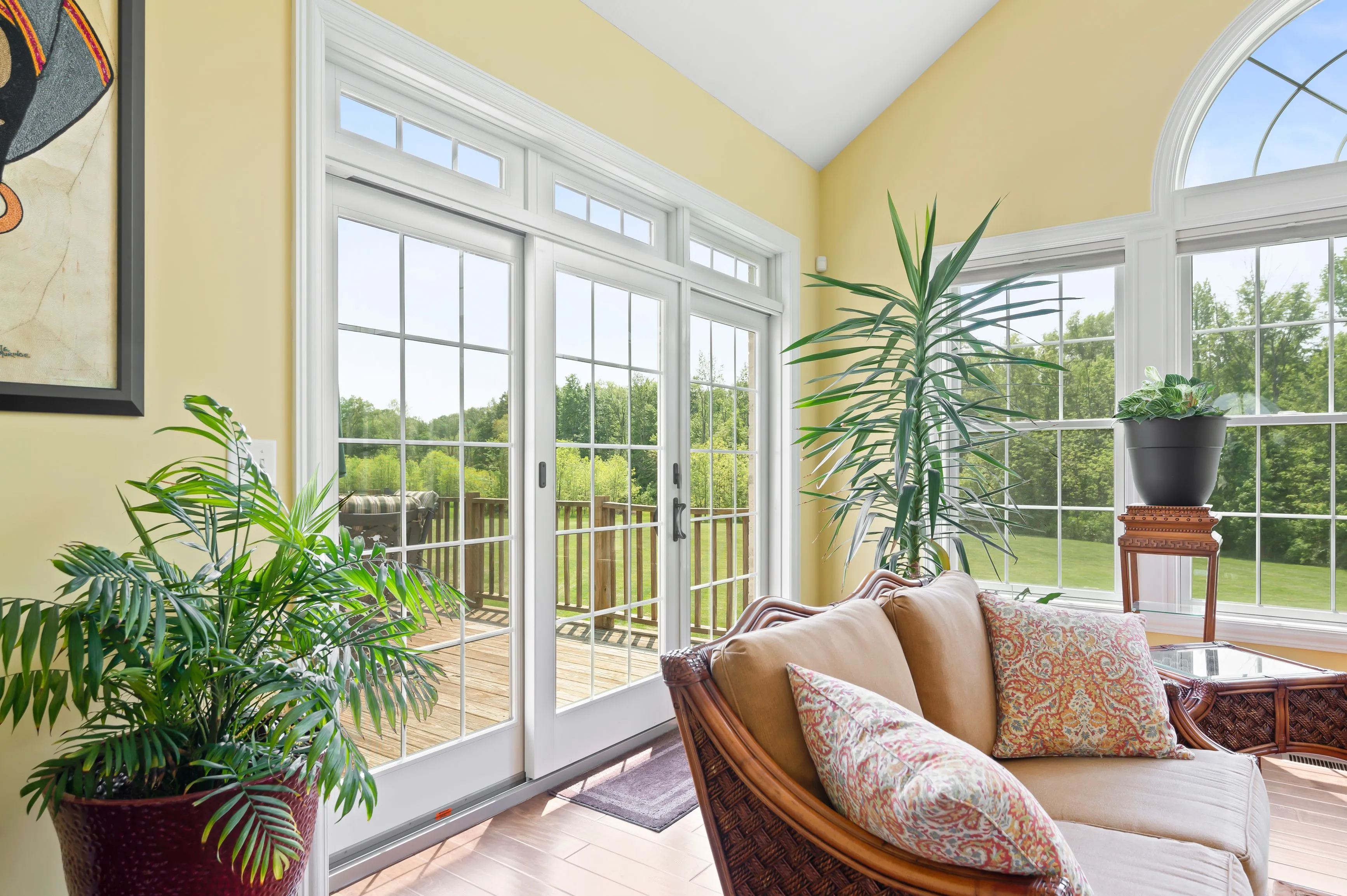 Bright, sunlit living room with a large window and French doors leading to an outdoor deck, furnished with a wicker couch and adorned with green houseplants.