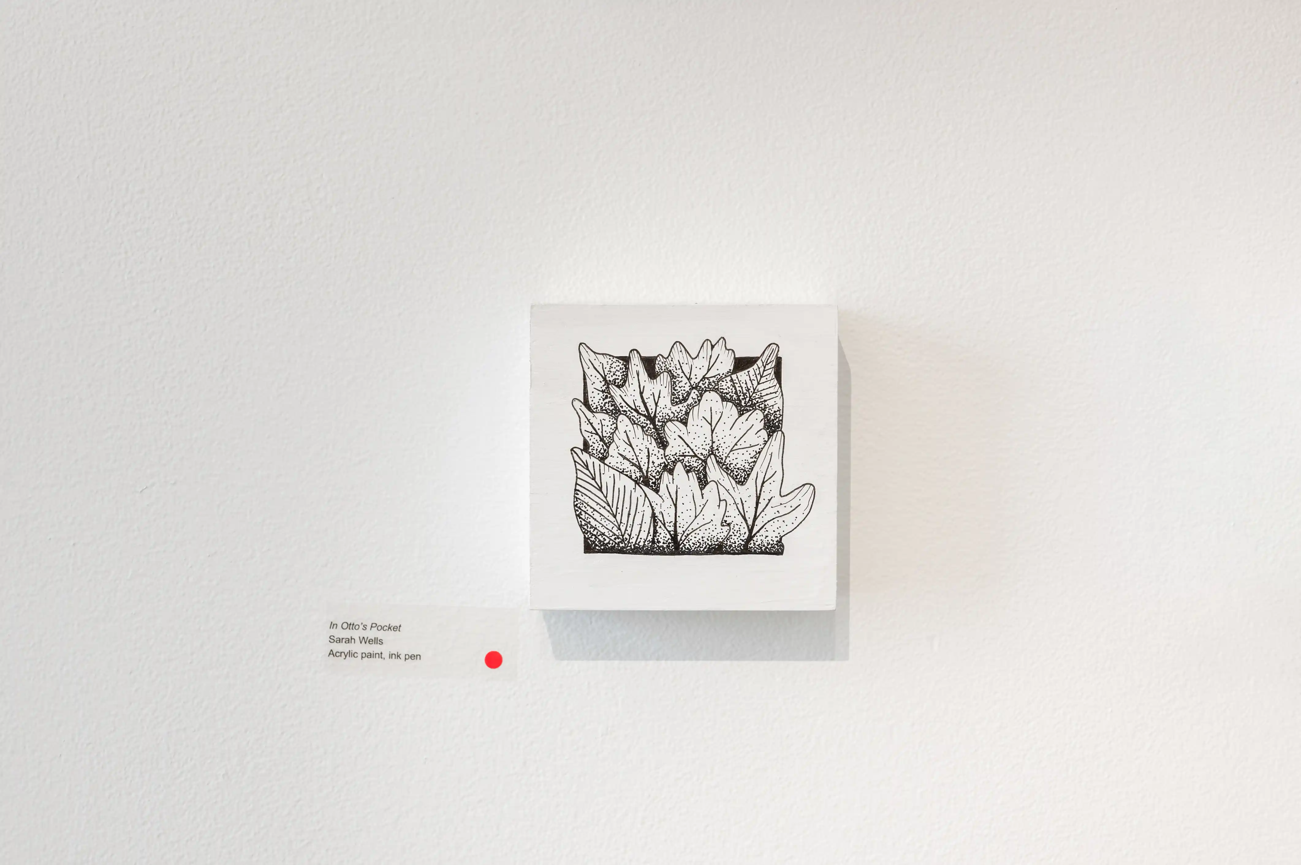 Black and white sketch of tulips in a frame hanging on a white wall with a small red pushpin and artist's attribution text below.