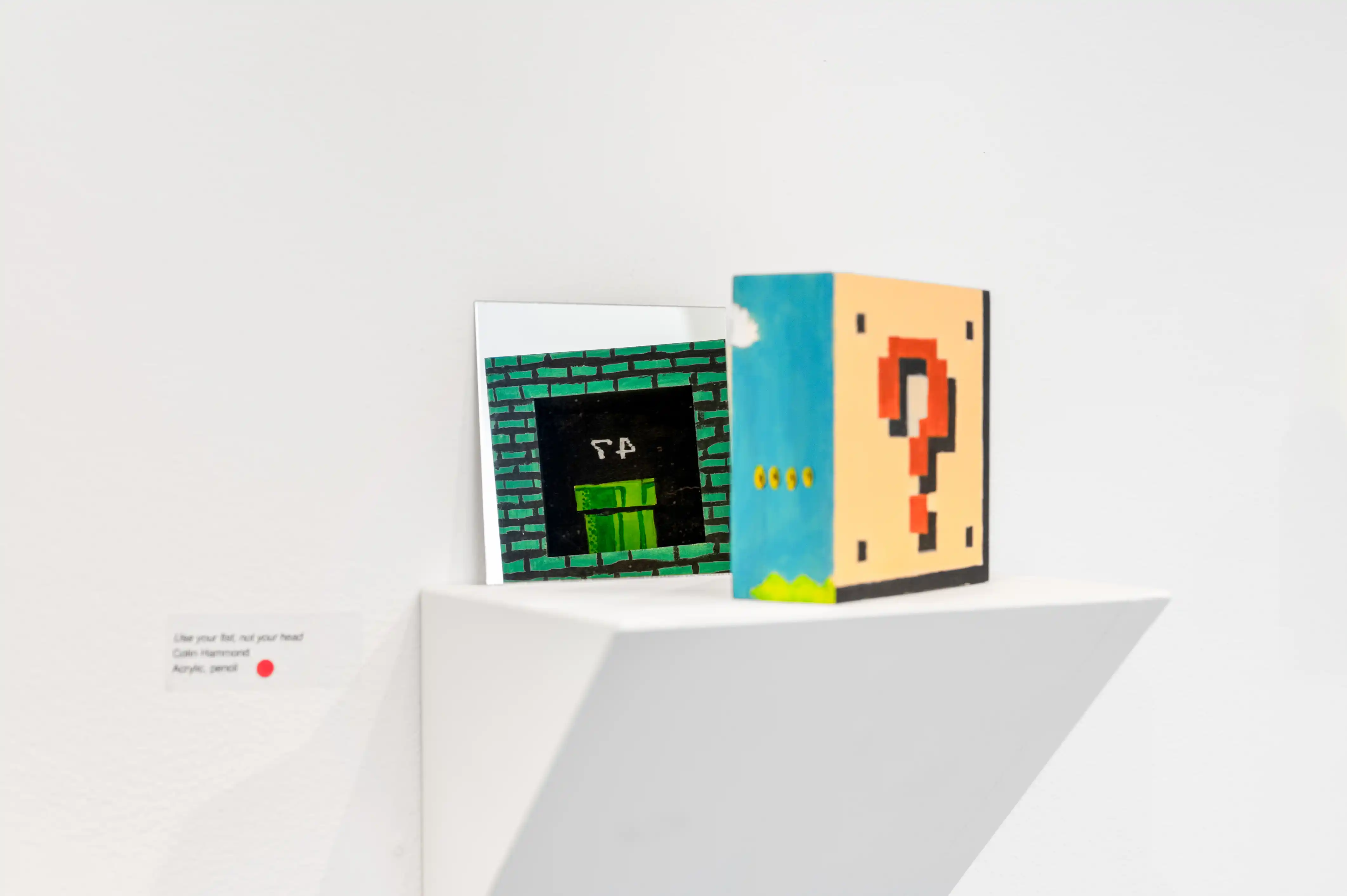 Two books with pixelated designs on a white shelf against a white background, with a minimalist aesthetic.