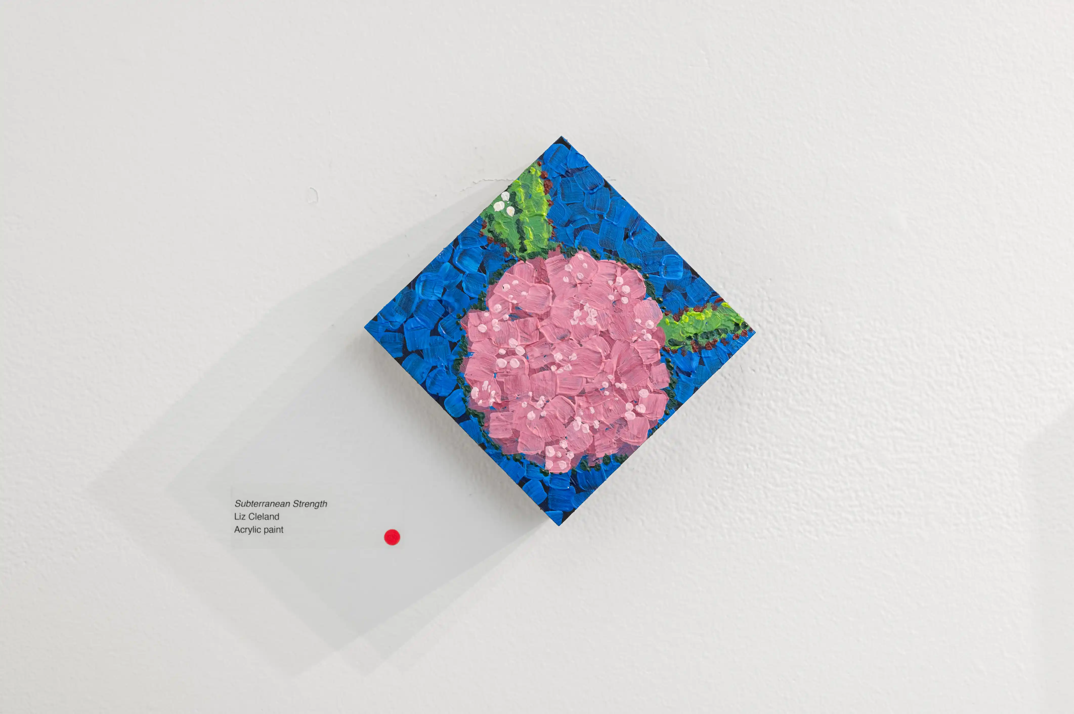 Abstract textured painting on canvas, with a central pink formation surrounded by blue, displayed on a white wall with an exhibition description label to the side.