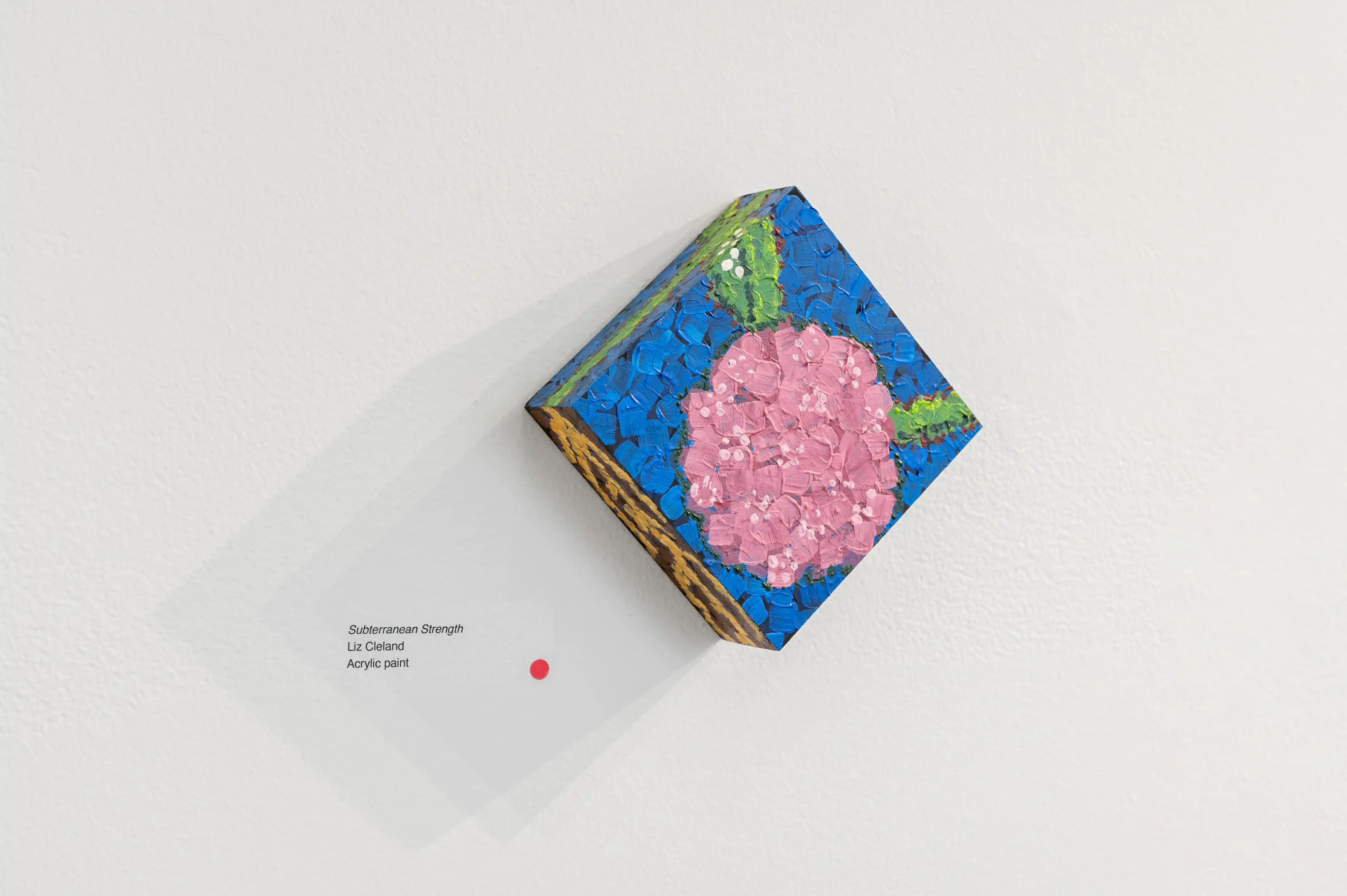 Colorful square canvas with pink floral artwork placed on a white wall near the title text and a small red dot.