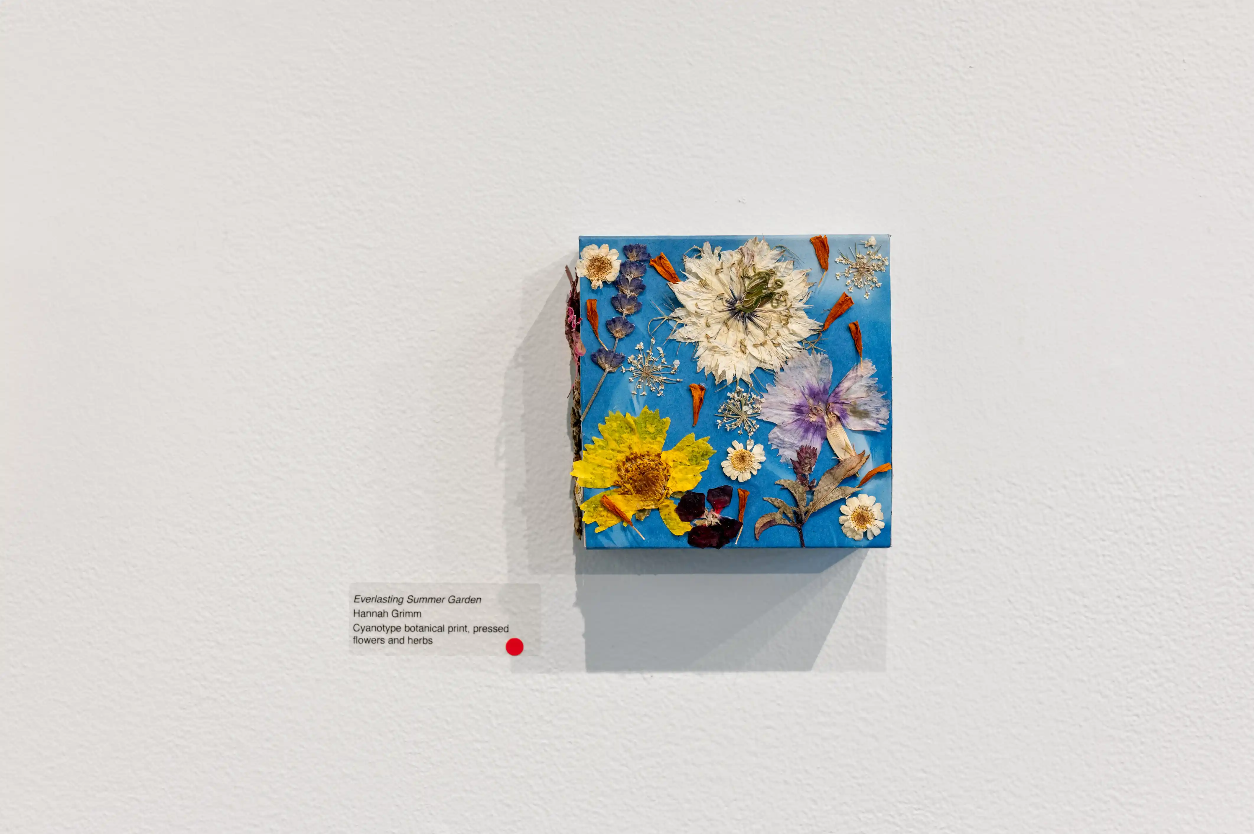 Floral painting exhibited on a white gallery wall with a small descriptive text plaque to the side.