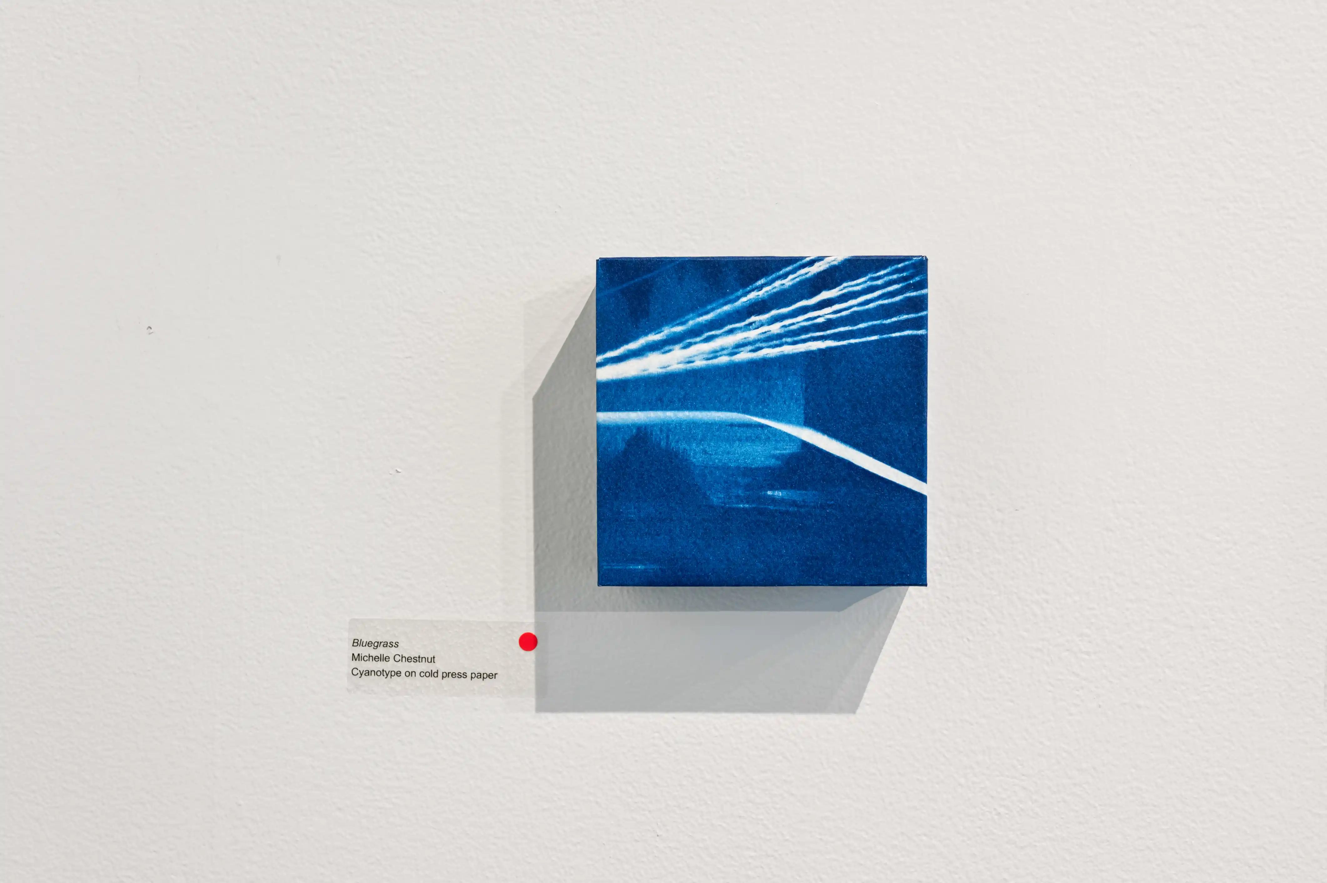 Modern art piece on display with abstract blue patterns mounted on a white wall, label and small red dot below it indicating sold artwork.