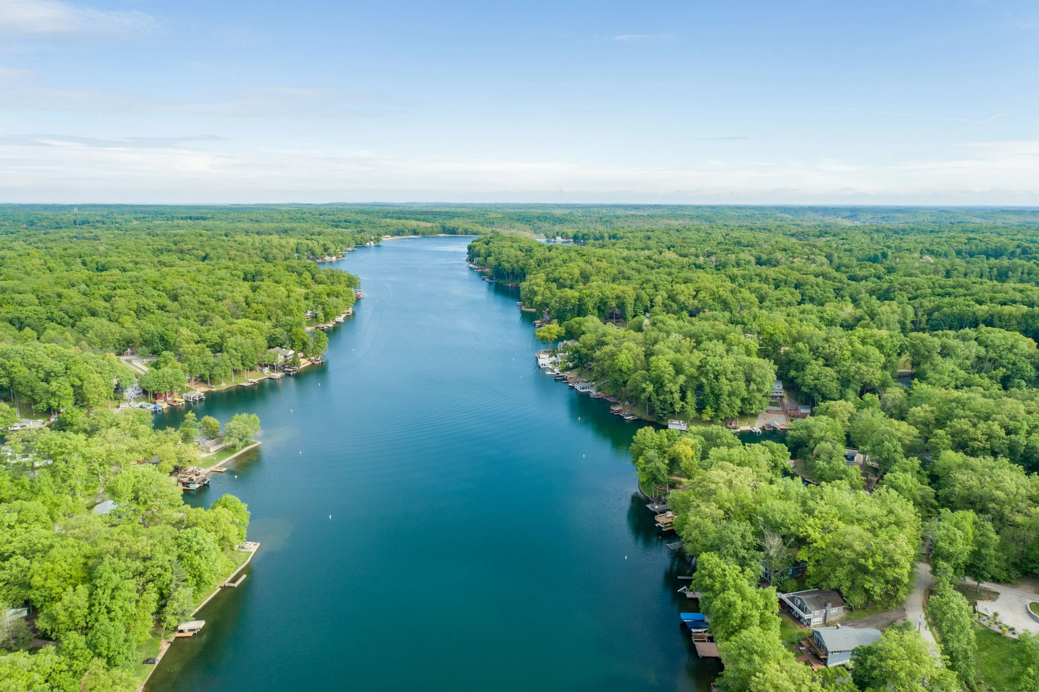 Aerial view of a tranquil river flanked by lush green forests under a clear blue sky.