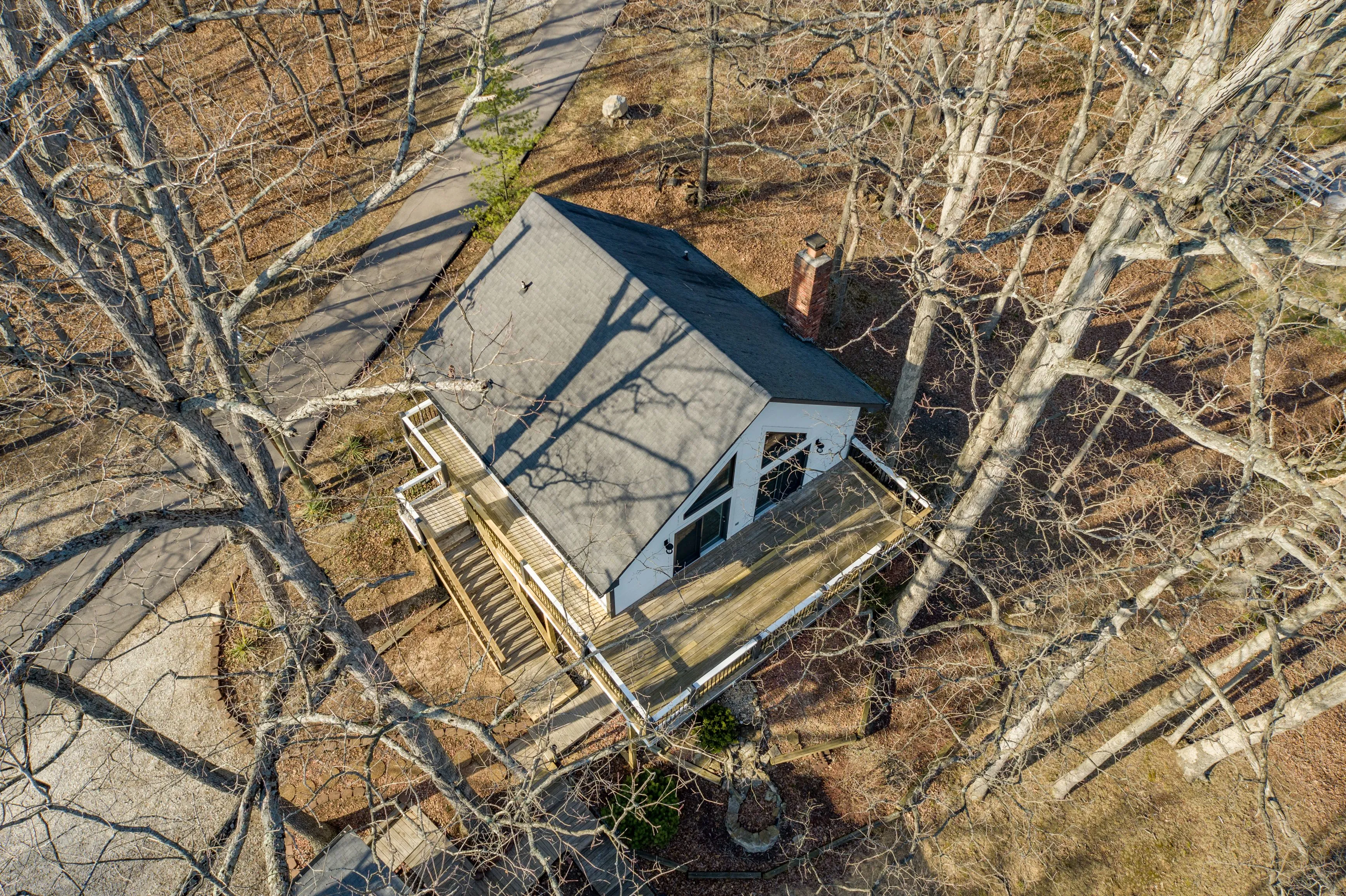 Aerial view of a small house surrounded by leafless trees with visible garden beds and a pathway.