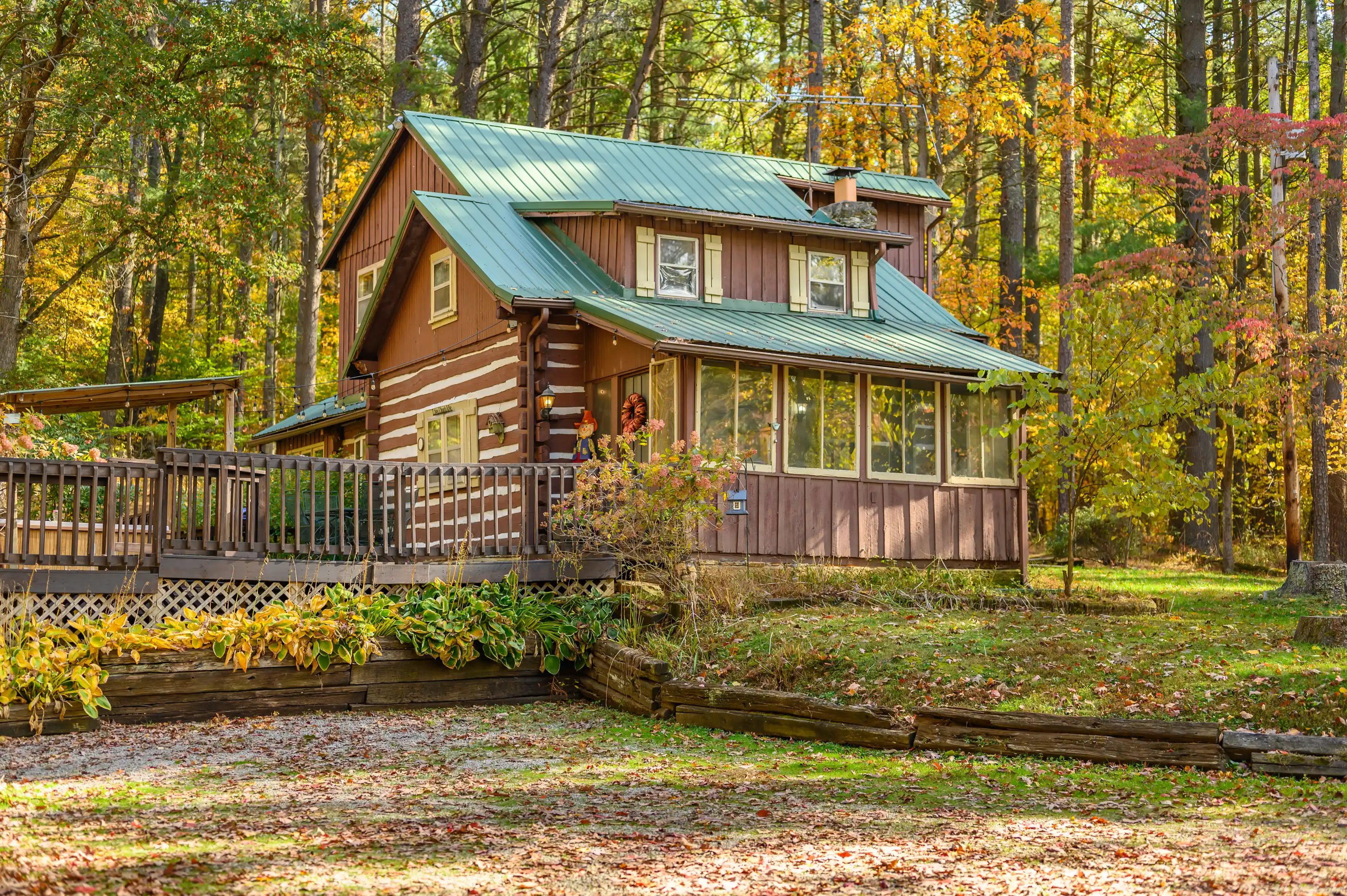 Wooden cabin surrounded by autumn foliage in a forest setting.