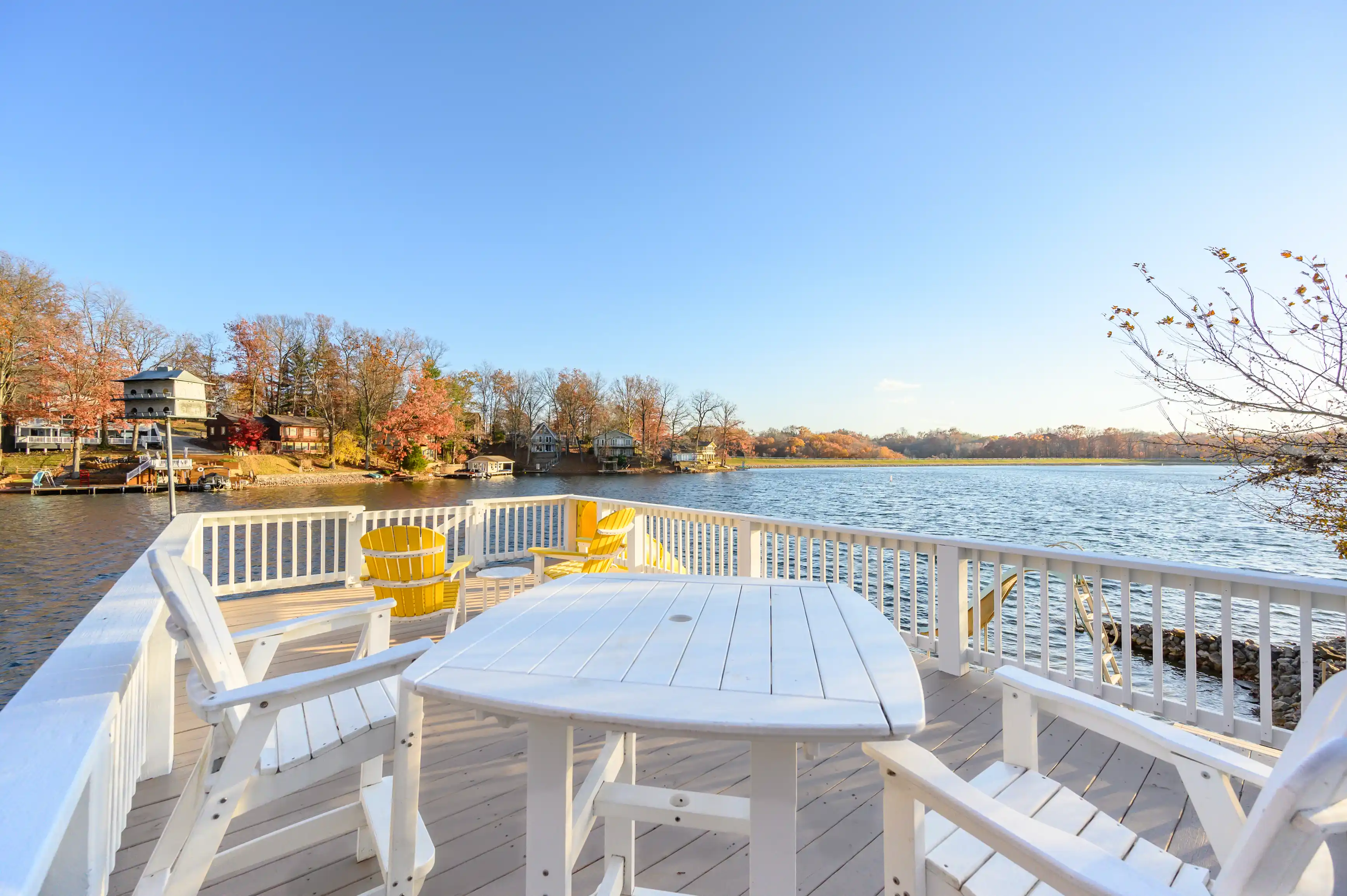 A serene lakeside view from a white deck featuring Adirondack chairs, with autumnal trees and houses in the distance.