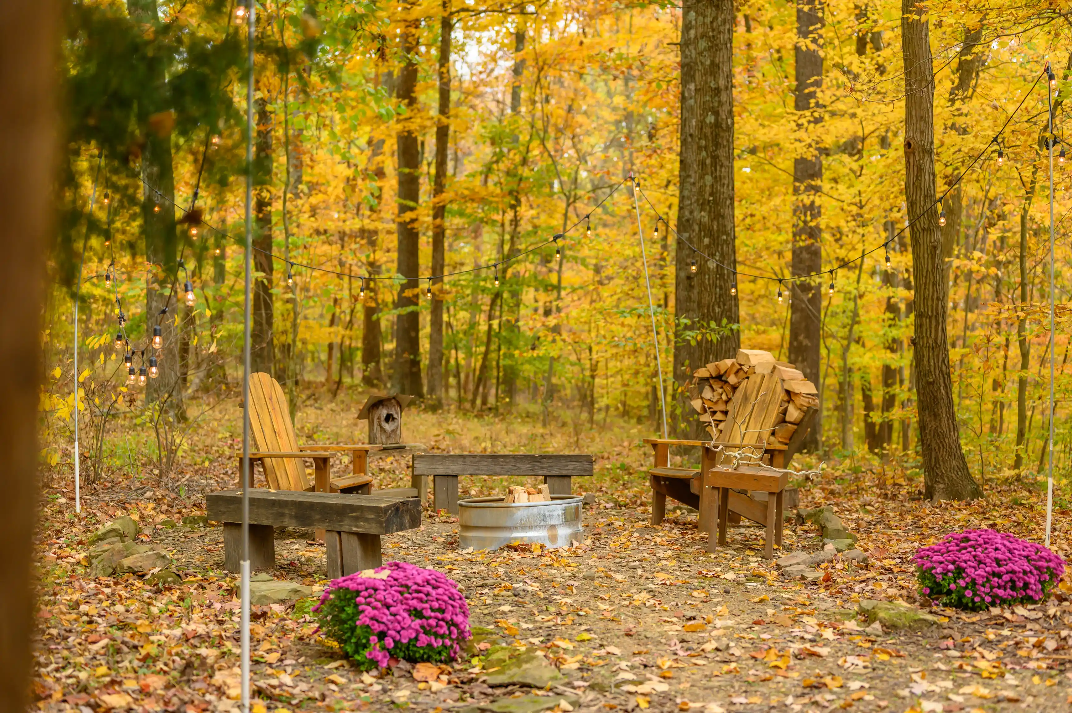 Cozy outdoor autumn scene with wooden chairs around a fire pit, a wood pile, hanging string lights, and vibrant pink mums amidst fallen leaves.