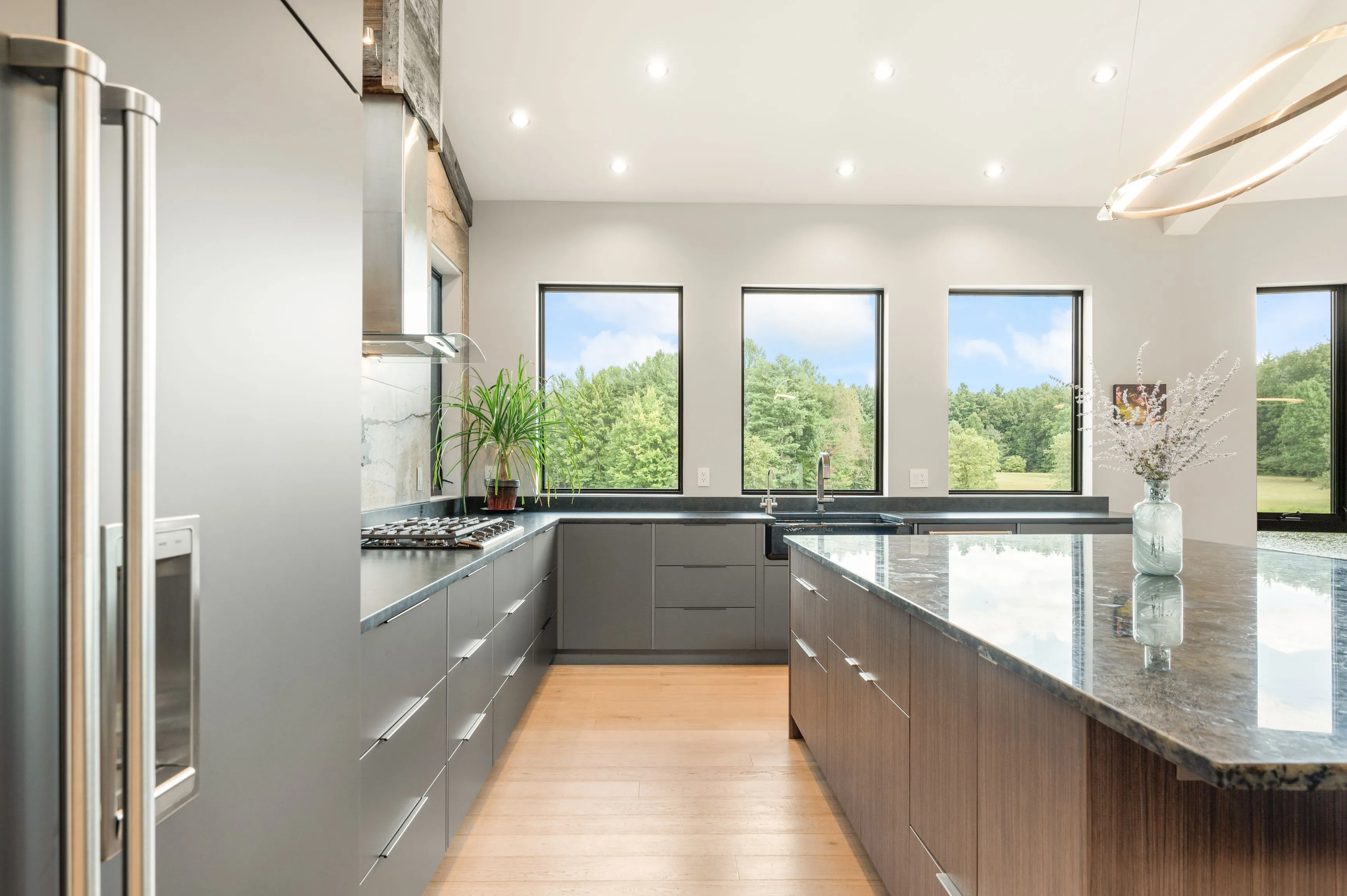 Modern kitchen interior with stainless steel appliances, dark cabinetry, granite countertops, and a view of greenery through the windows.