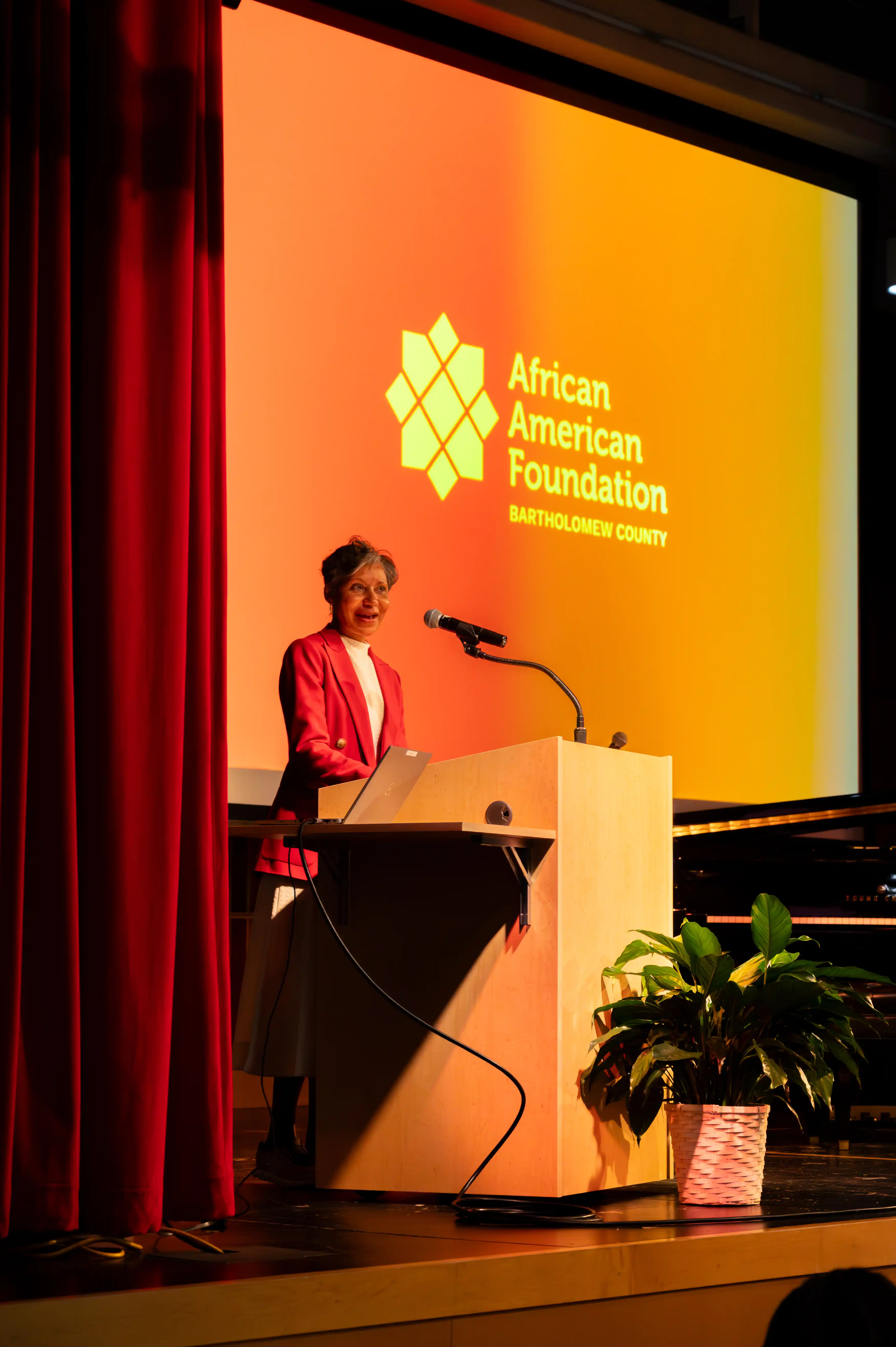 Person giving a speech at a podium with the African Studies Association logo on the screen behind.