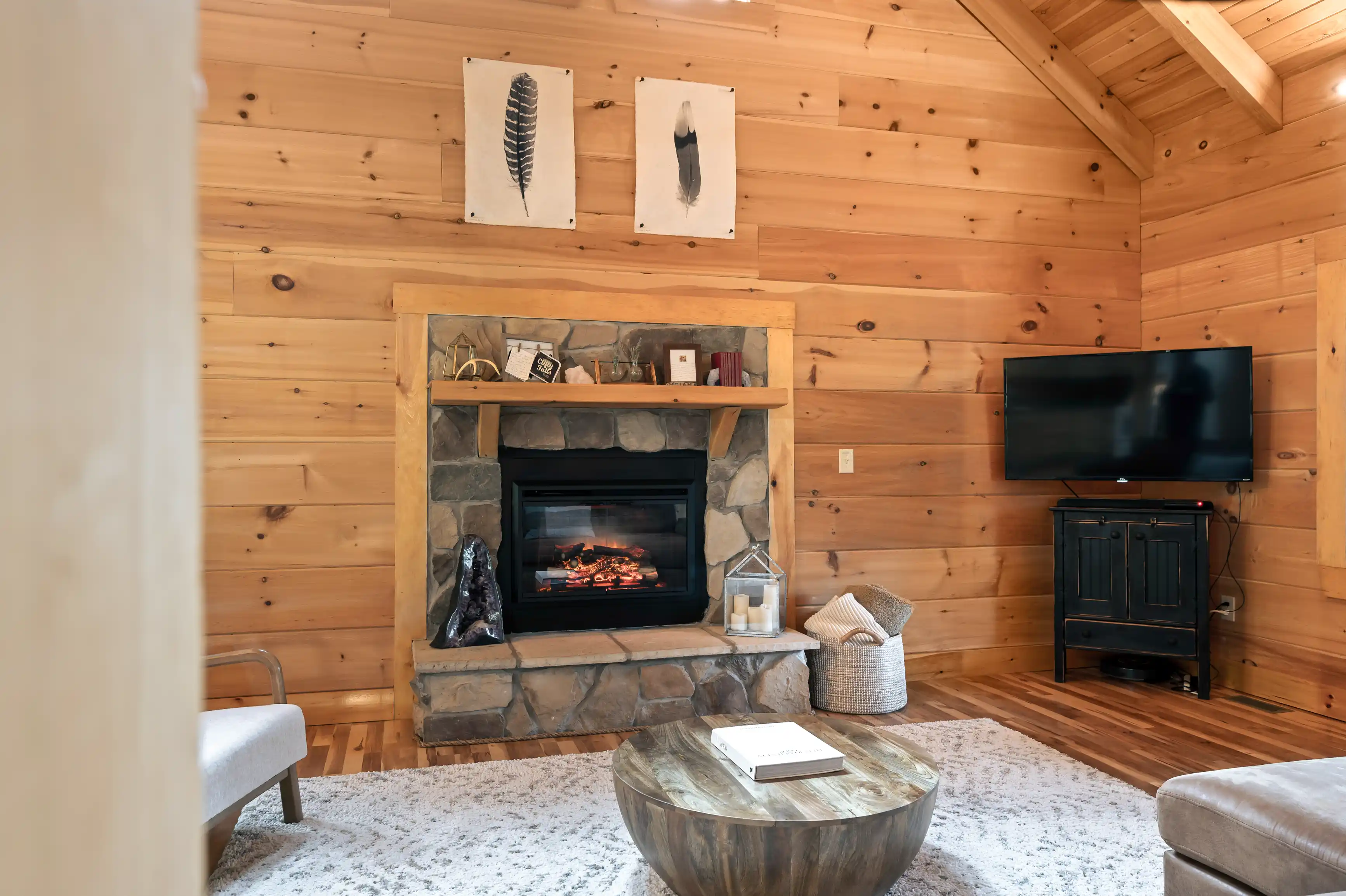 Cozy modern cabin interior with stone fireplace, wall-mounted TV, and wooden walls, decorated with feather art and minimalistic furniture.