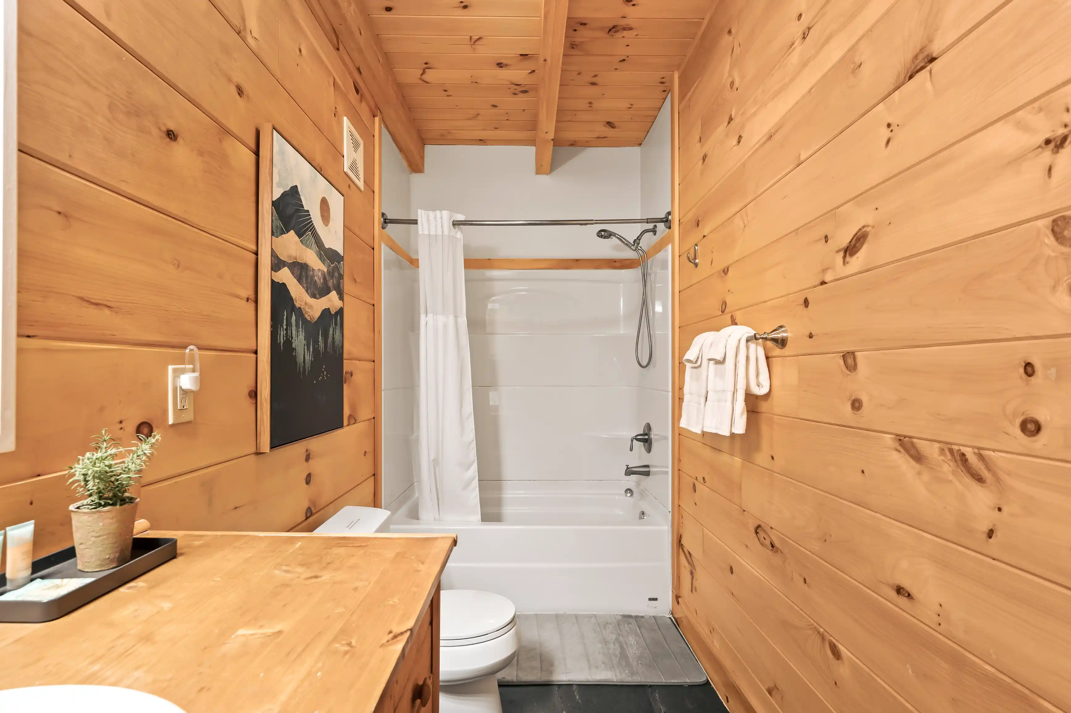 Wood-paneled bathroom interior with white ceramics, featuring a shower, toilet, and vanity, decorated with a potted plant and a mountain-themed wall art.