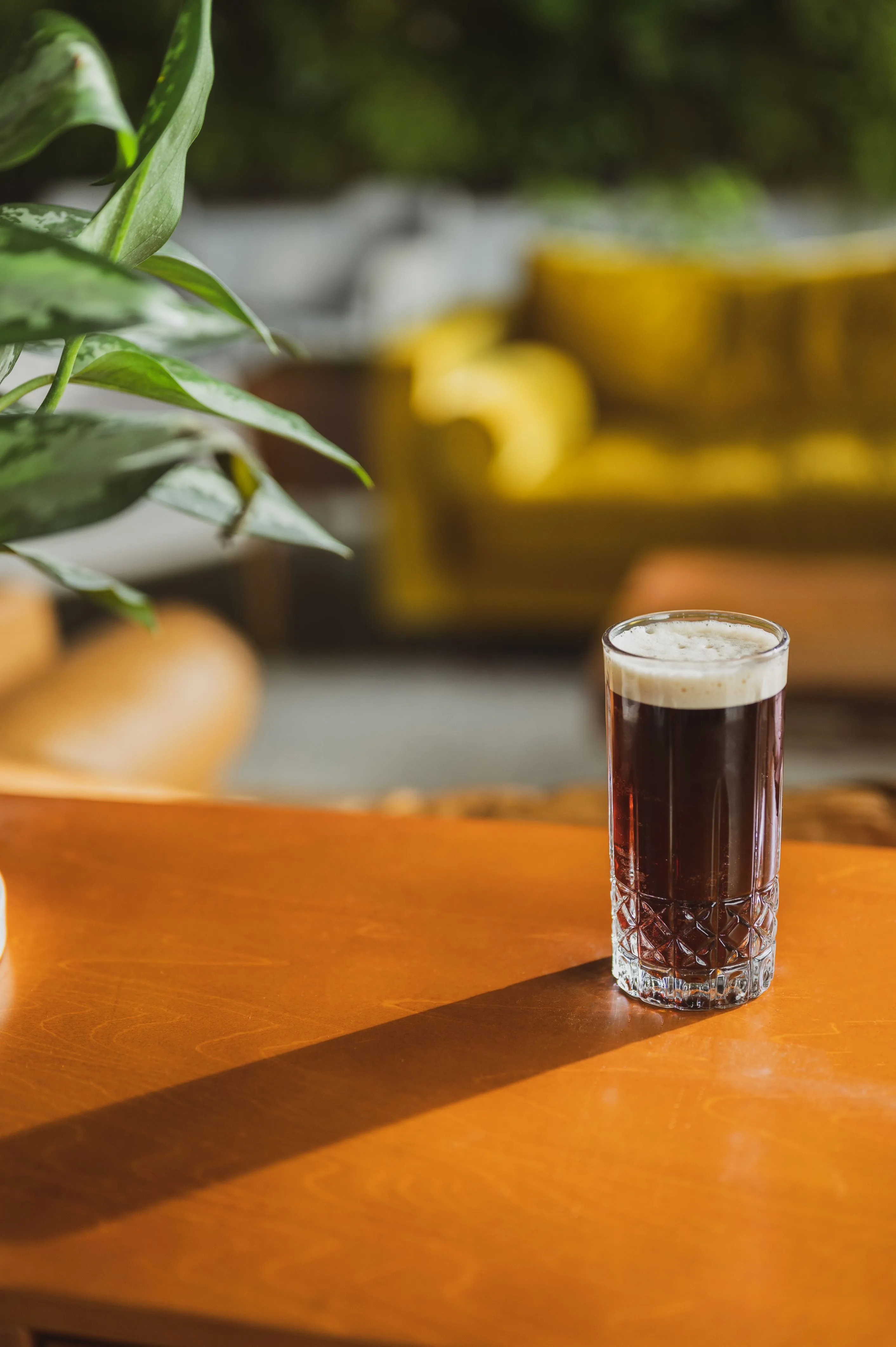 A glass of dark beer on a wooden table with a blurred background of indoor plants and a yellow sofa.