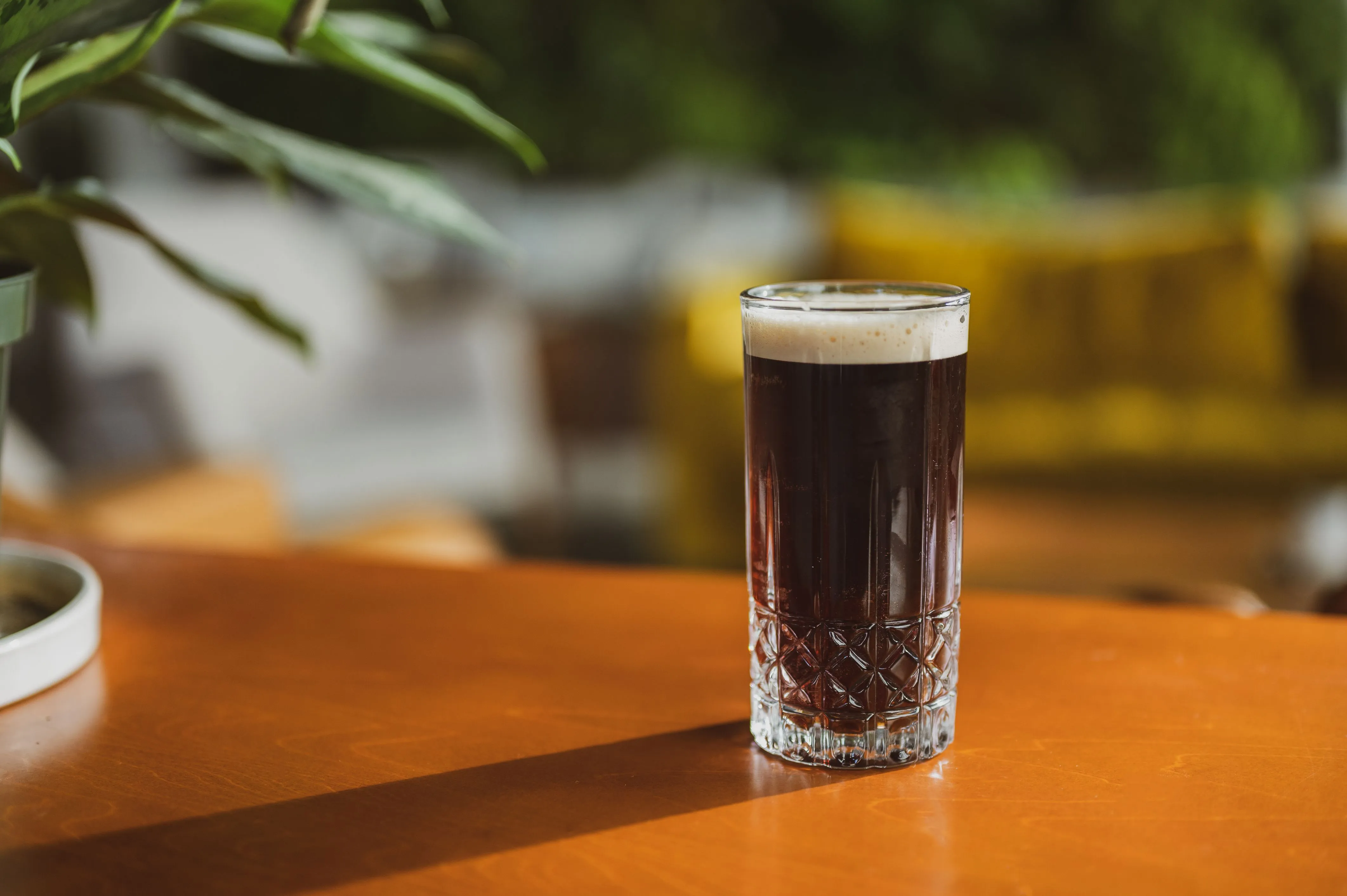 A glass of dark beer with foam on top, sitting on a wooden table with blurred green plants in the background.
