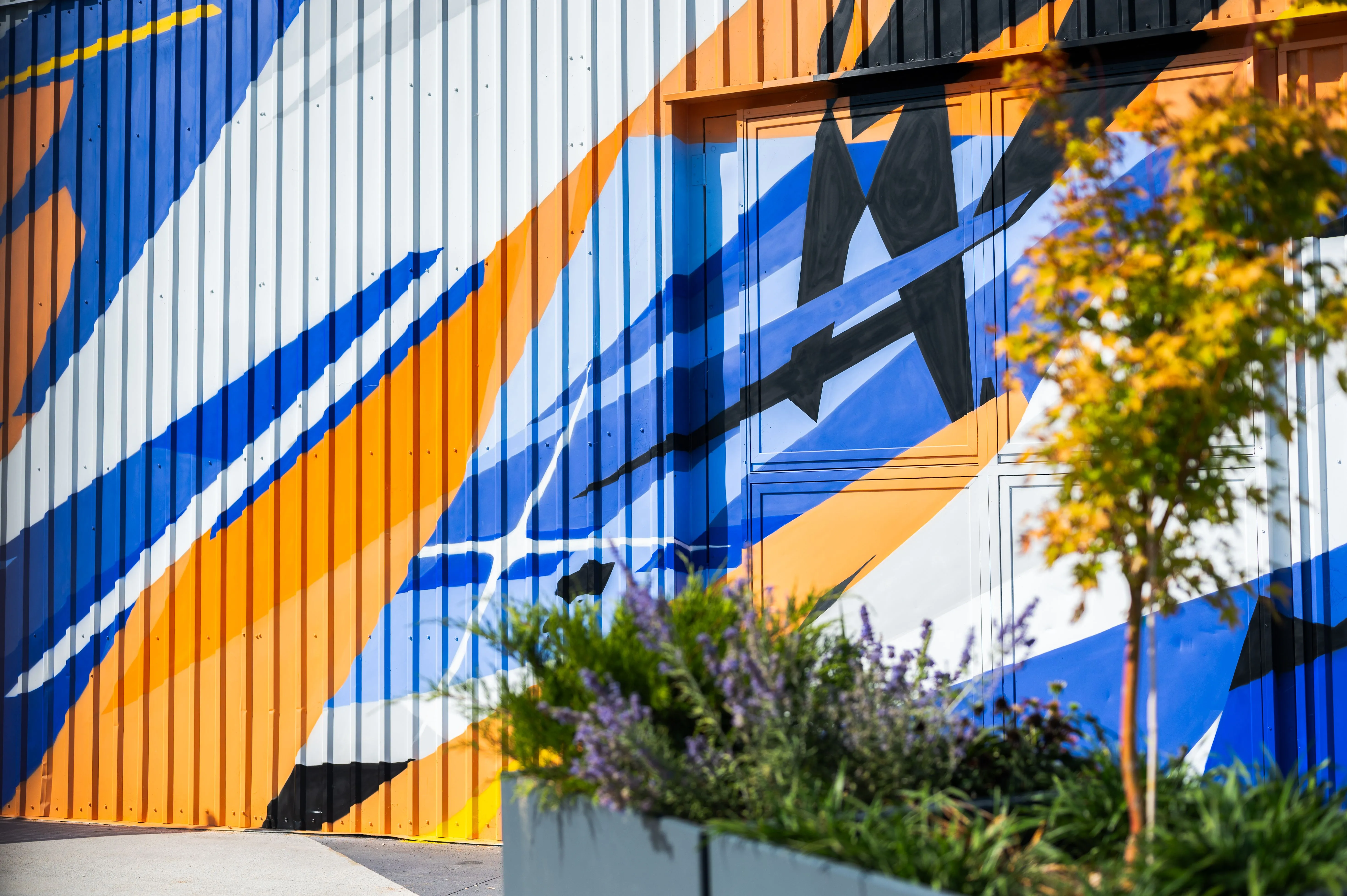 Colorful abstract mural on corrugated metal surface with geometric shapes in blue, orange, and white, framed by foliage in the foreground.