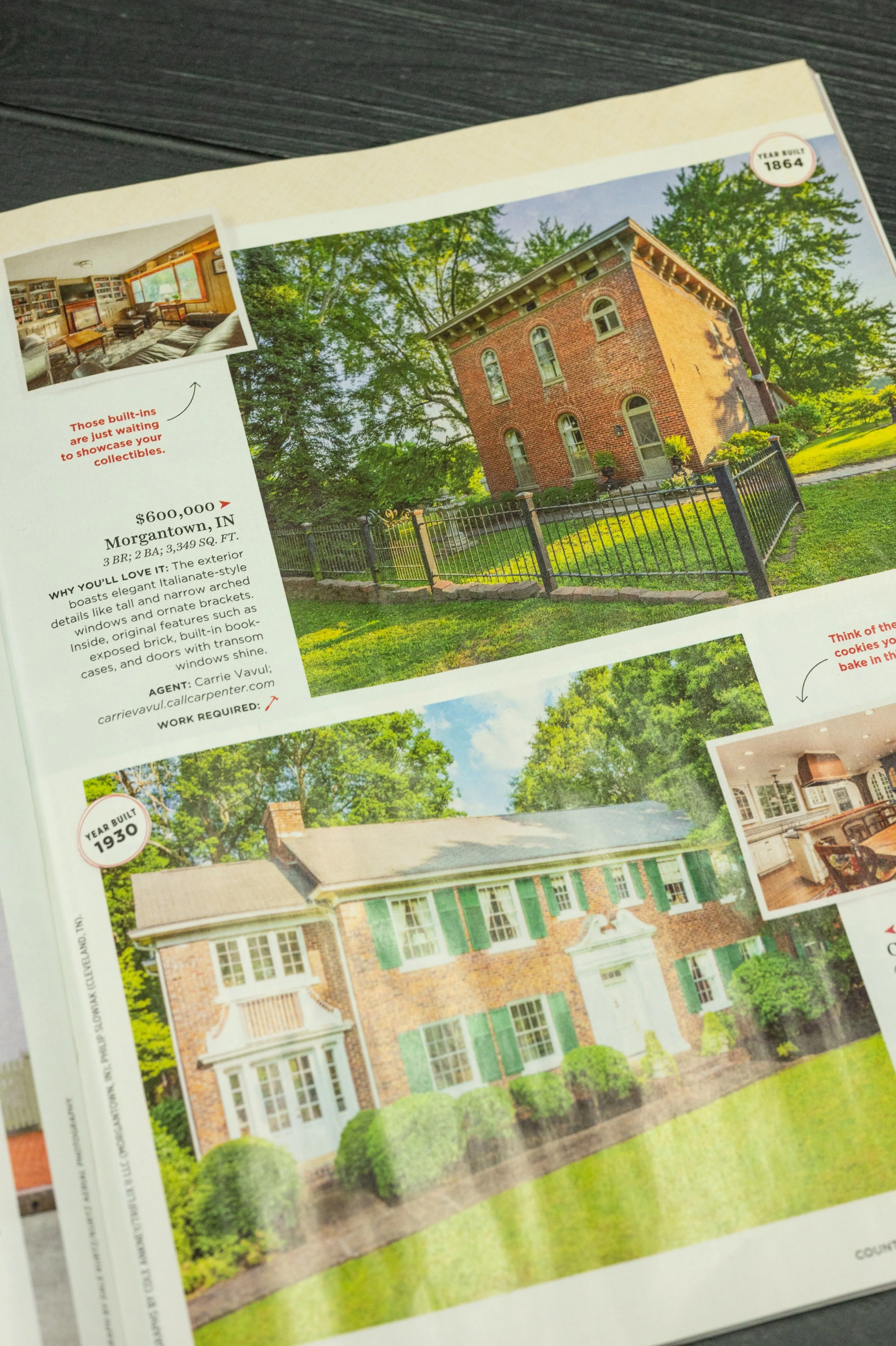 A printed real estate advertisement featuring historic homes for sale with exterior shots and details of the properties.