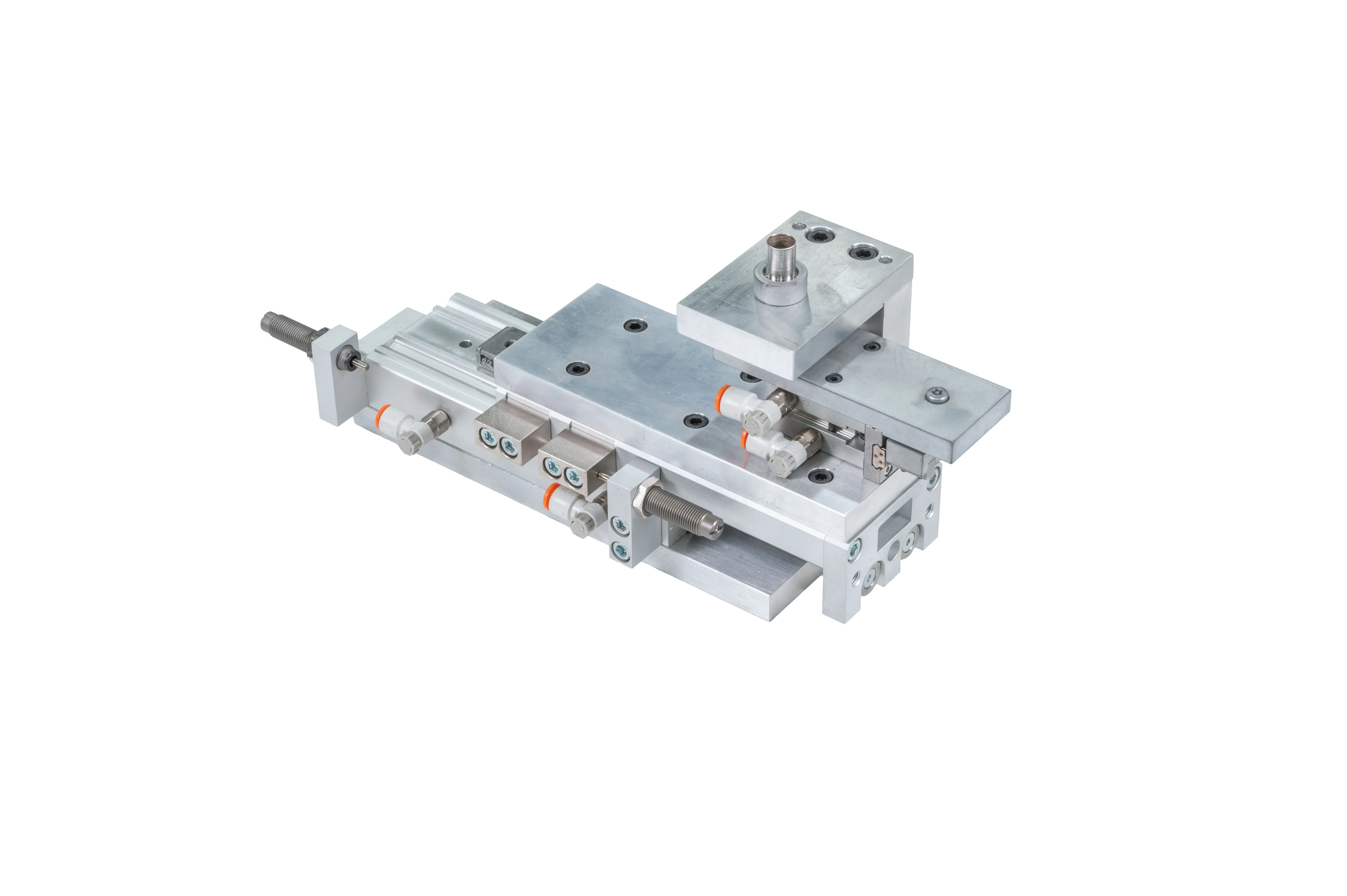 Precision industrial pneumatic slide actuator on white background