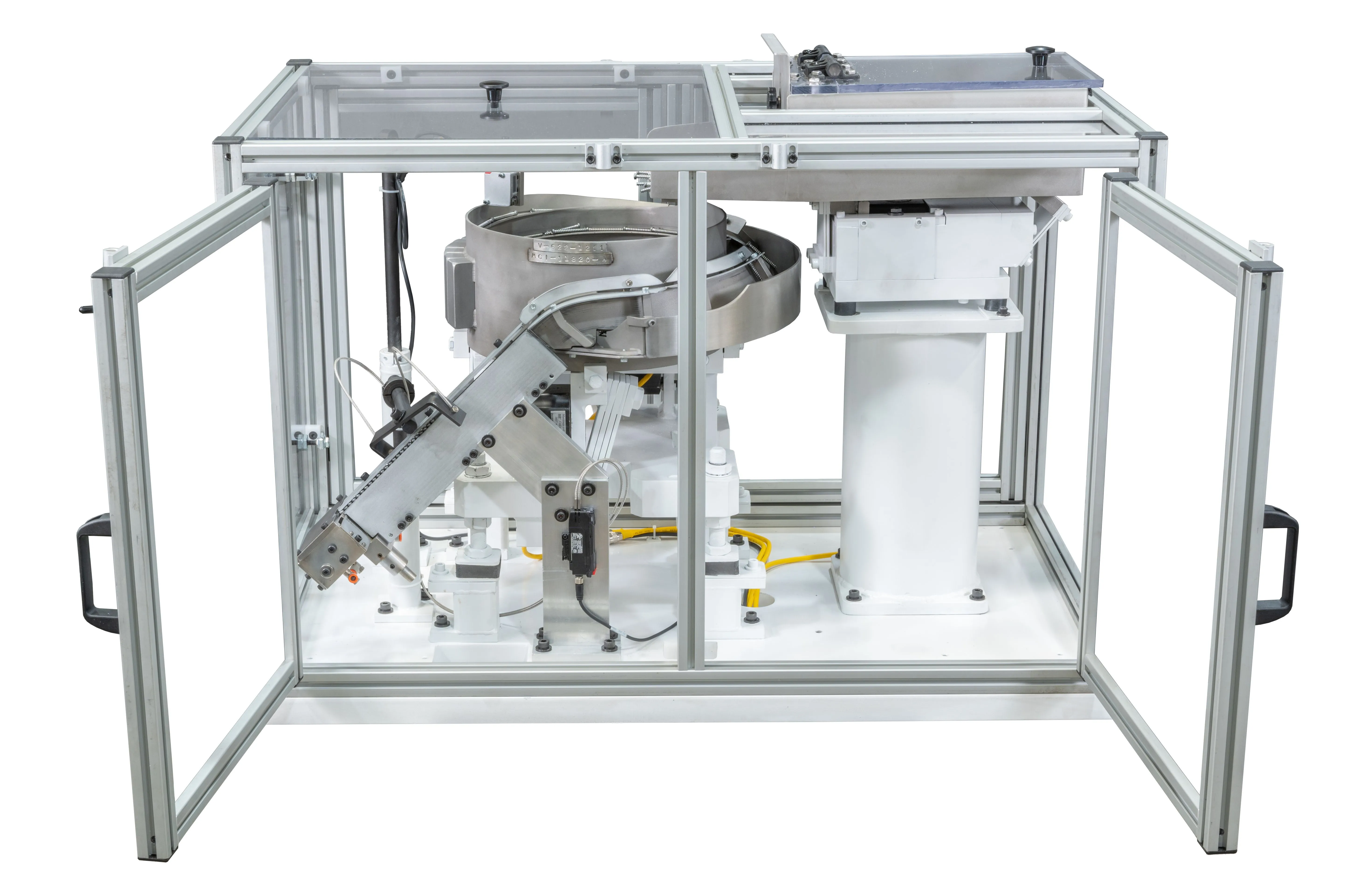 Industrial robotic arm assembly within a metal frame structure, isolated on a white background.