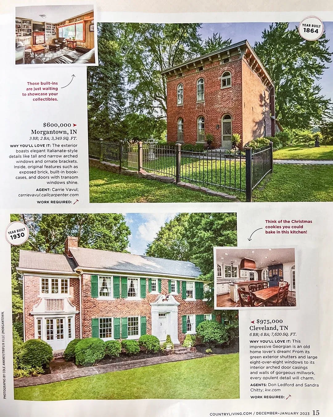 Real estate advertisement page from a magazine featuring three homes for sale, detailing their prices, locations, and unique features with interior and exterior pictures.