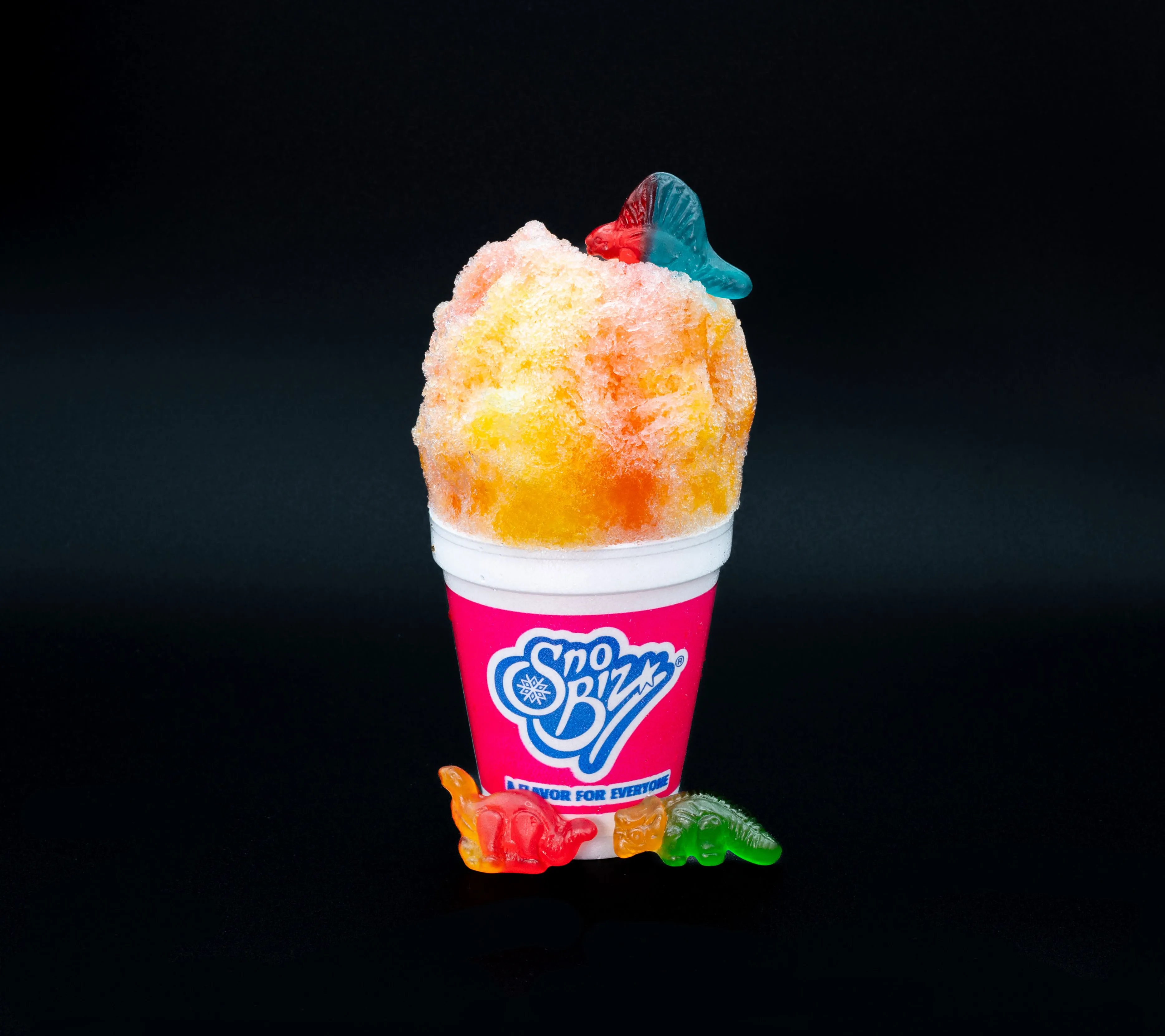 Colorful shaved ice in a branded Sno Biz cup with gummy bears on a black background.
