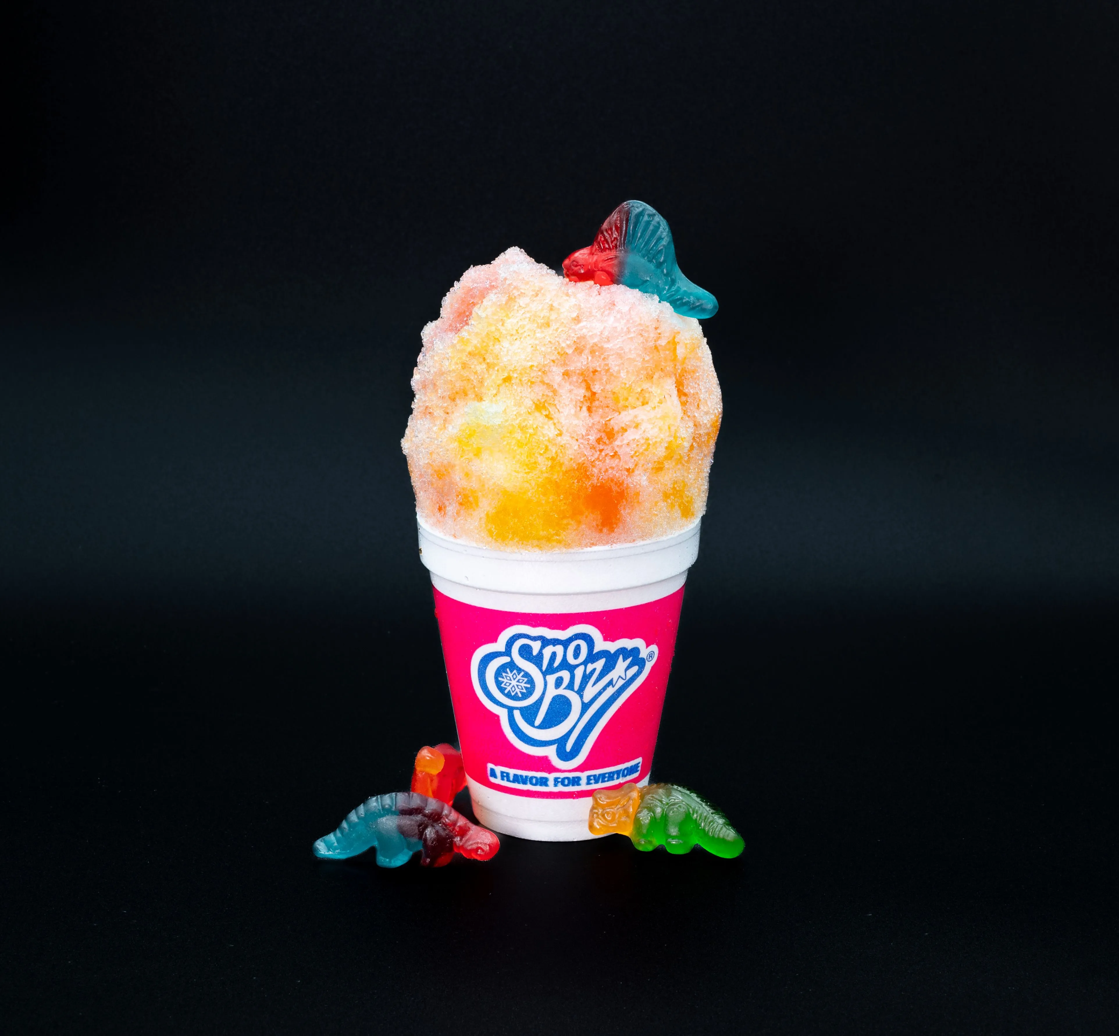 Colorful shaved ice in a branded Sno Biz cup with gummy candies on top and around it, on a black background.