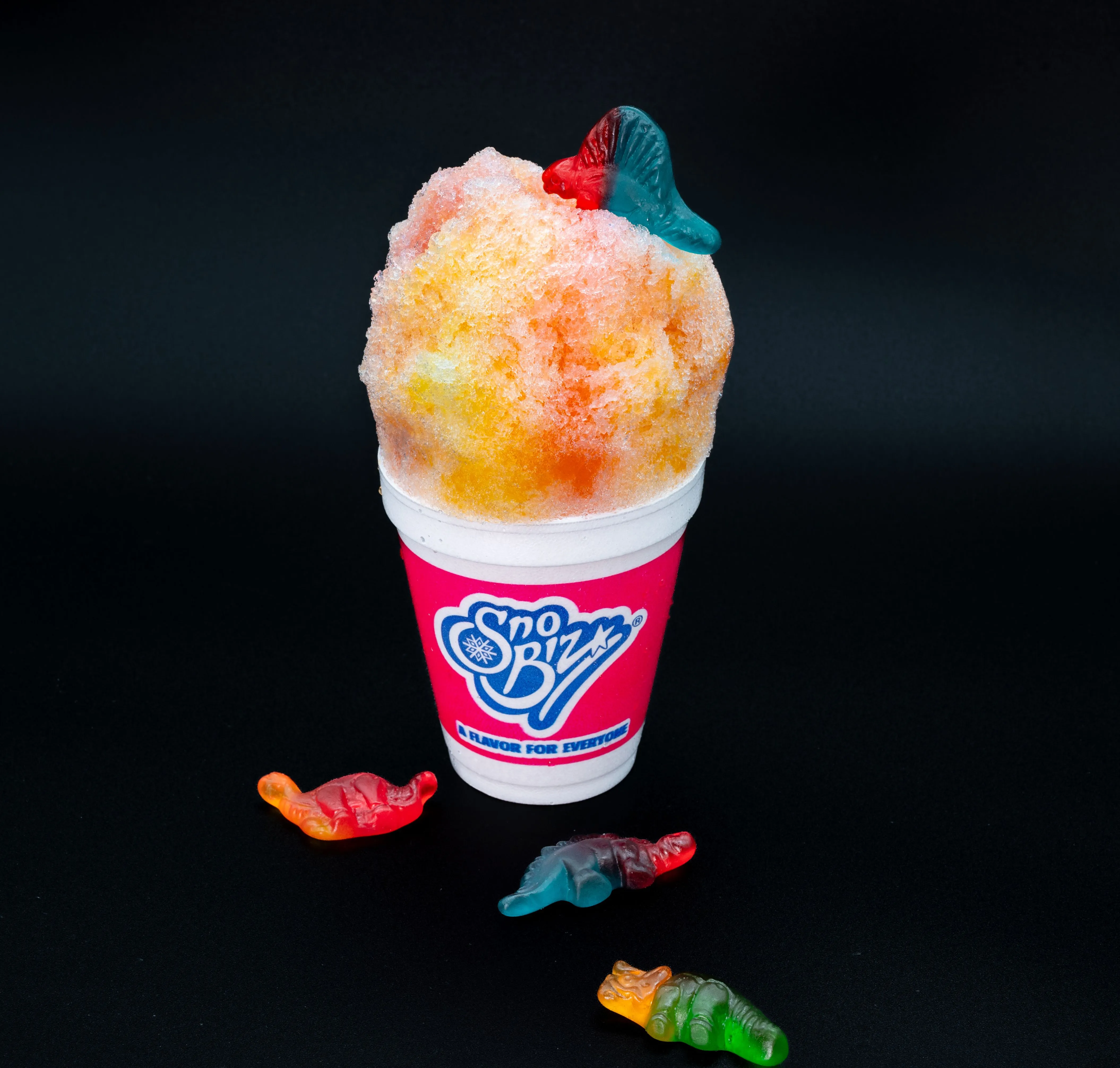Colorful shaved ice in a Sno Biz cup topped with a gummy shark, surrounded by more gummy candies on a black background.
