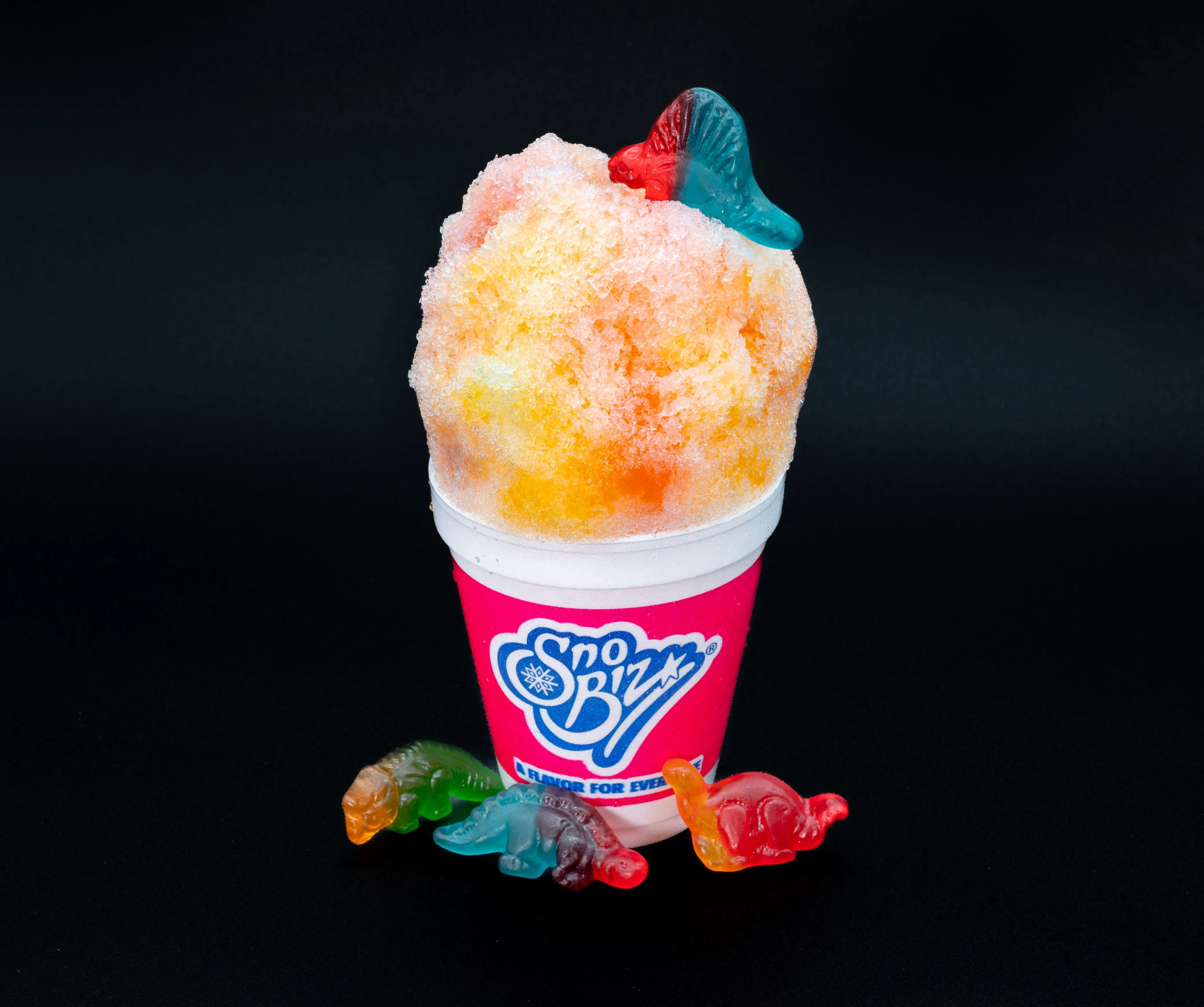 Colorful shaved ice in a Sno Biz cup with gummy sharks, isolated on a black background.