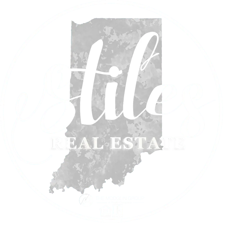 Logo of Stiles Real Estate with a stylized outline of the state of Indiana in the background and affiliations to The Modglin Group and Realtor organization.