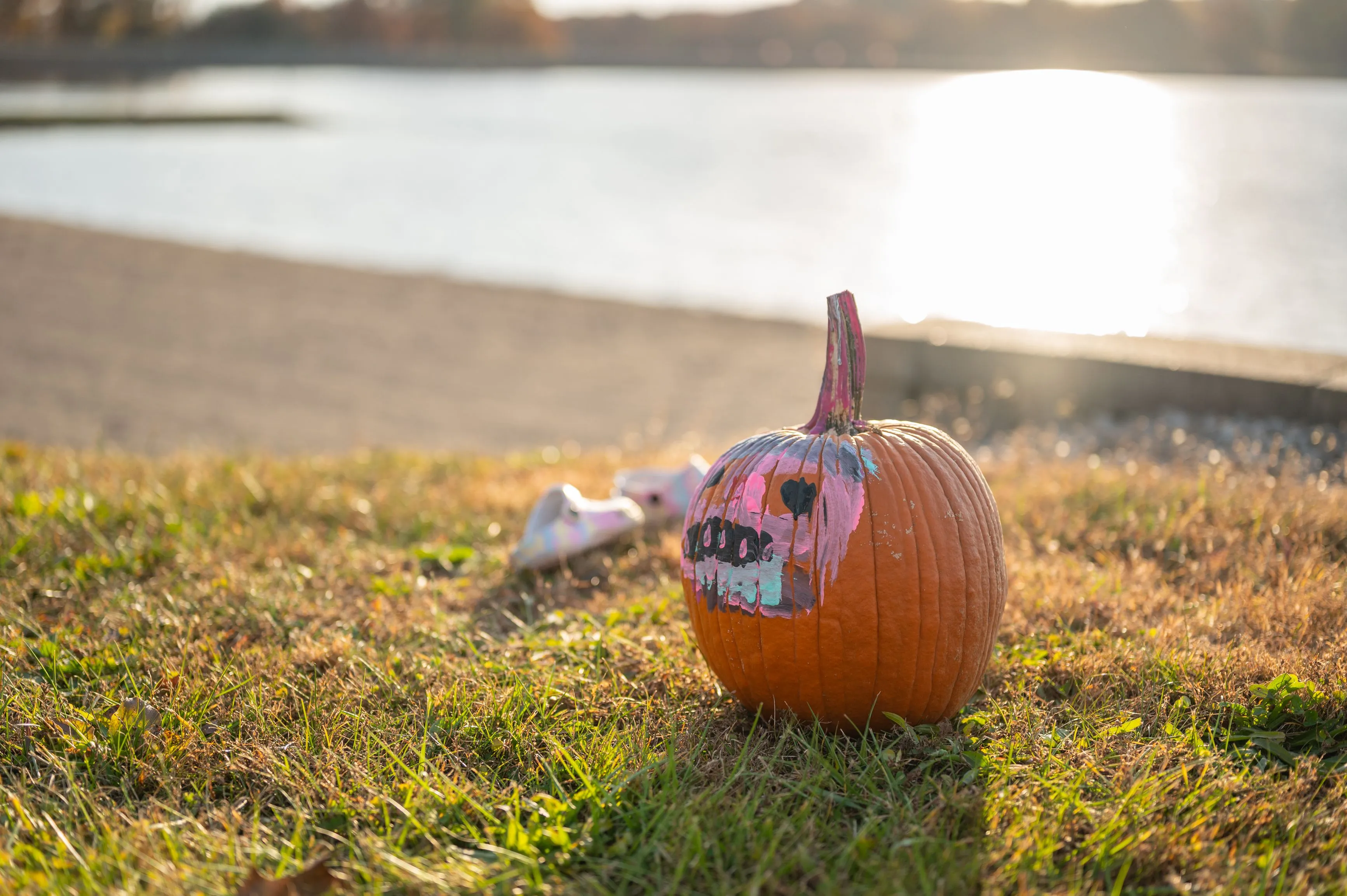 A decorated pumpkin with a face and an arm reaching out of its mouth, set on grass by a water body in the backdrop of a sunset.