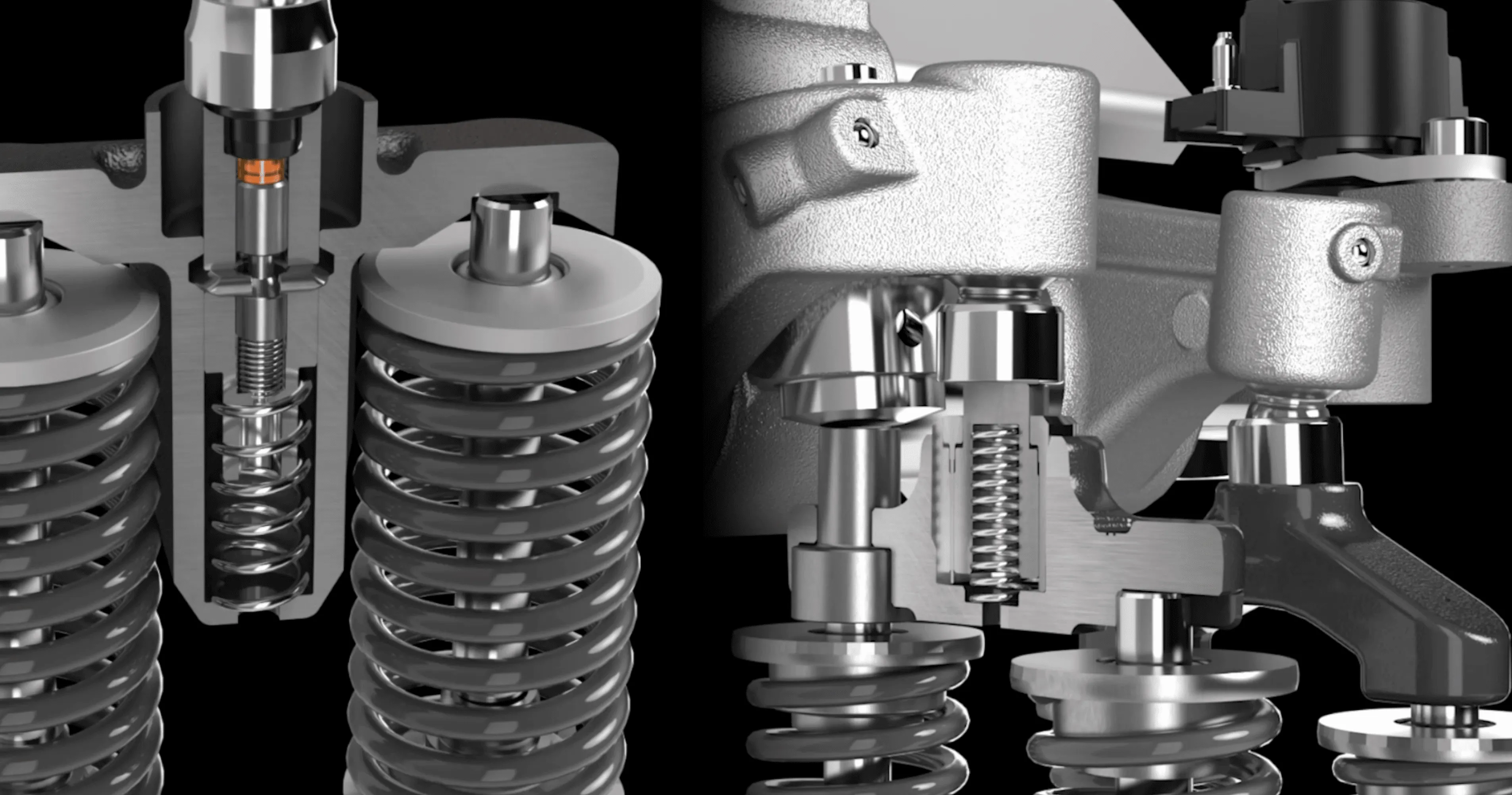 3D rendering of an automotive engine valve mechanism, highlighting the camshaft, valves, and springs.