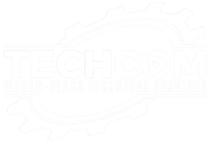Logo of TECHCOM with the tagline "World-Class Technical Services" incorporated into a mechanical gear design.