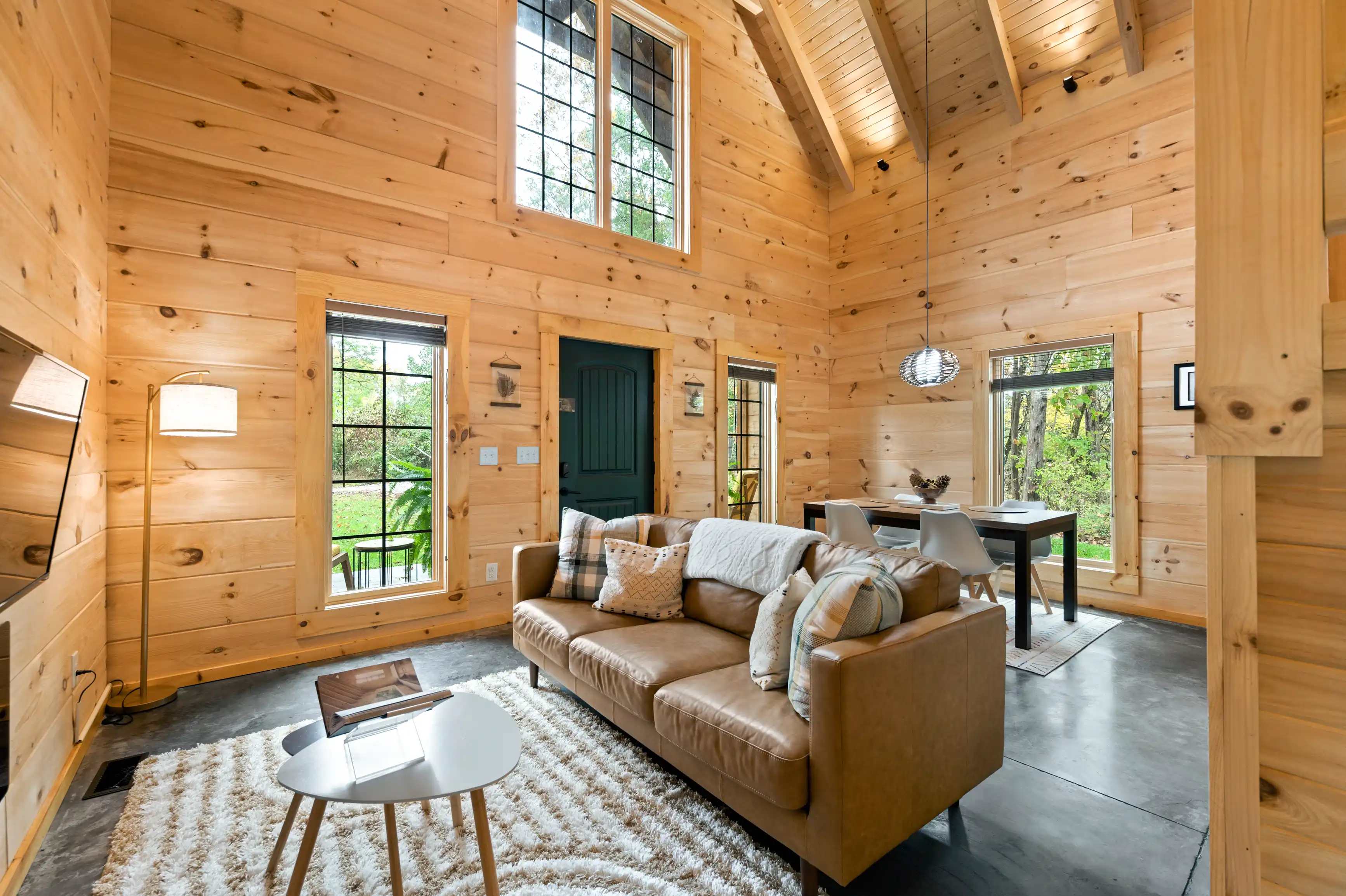 Cozy wooden cabin interior with vaulted ceiling, plush sofa, and modern furnishings.