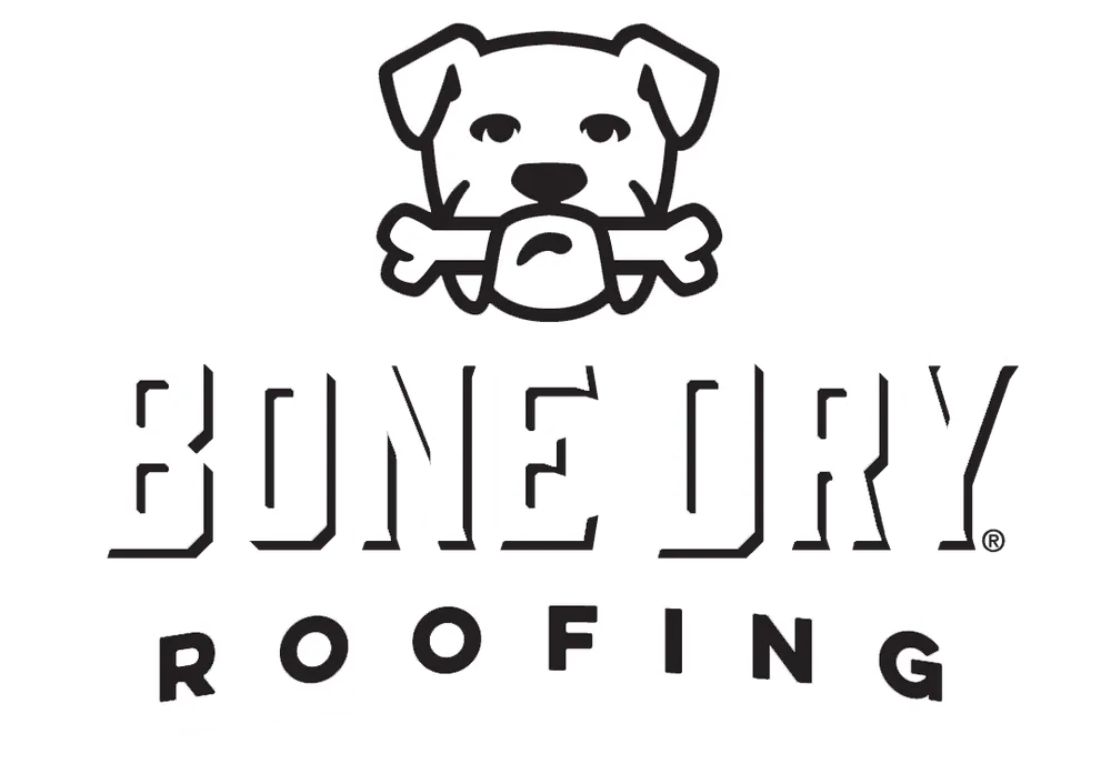 Logo of Bone Dry Roofing featuring a stylized cartoon puppy holding a bone in its mouth above the bold text "BONE DRY ROOFING" with a banner below.