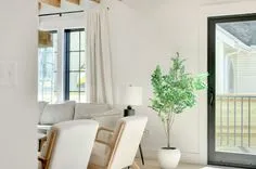 Bright and airy living room interior with modern furniture, a potted plant, and sliding patio doors leading to a deck.