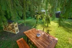 A serene backyard garden with a wooden picnic table, a bench, hanging lights amidst pine tree branches, and a woodpile to the side, in a lush green setting.