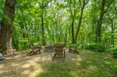 Outdoor seating area with Adirondack chairs around a fire pit surrounded by green forest.