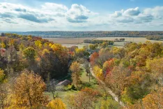 Aerial view of a colorful autumn landscape with a mix of deciduous trees in various shades of yellow, orange, and red, surrounding open fields, a winding road, and scattered buildings, under a blue sky with fluffy clouds.